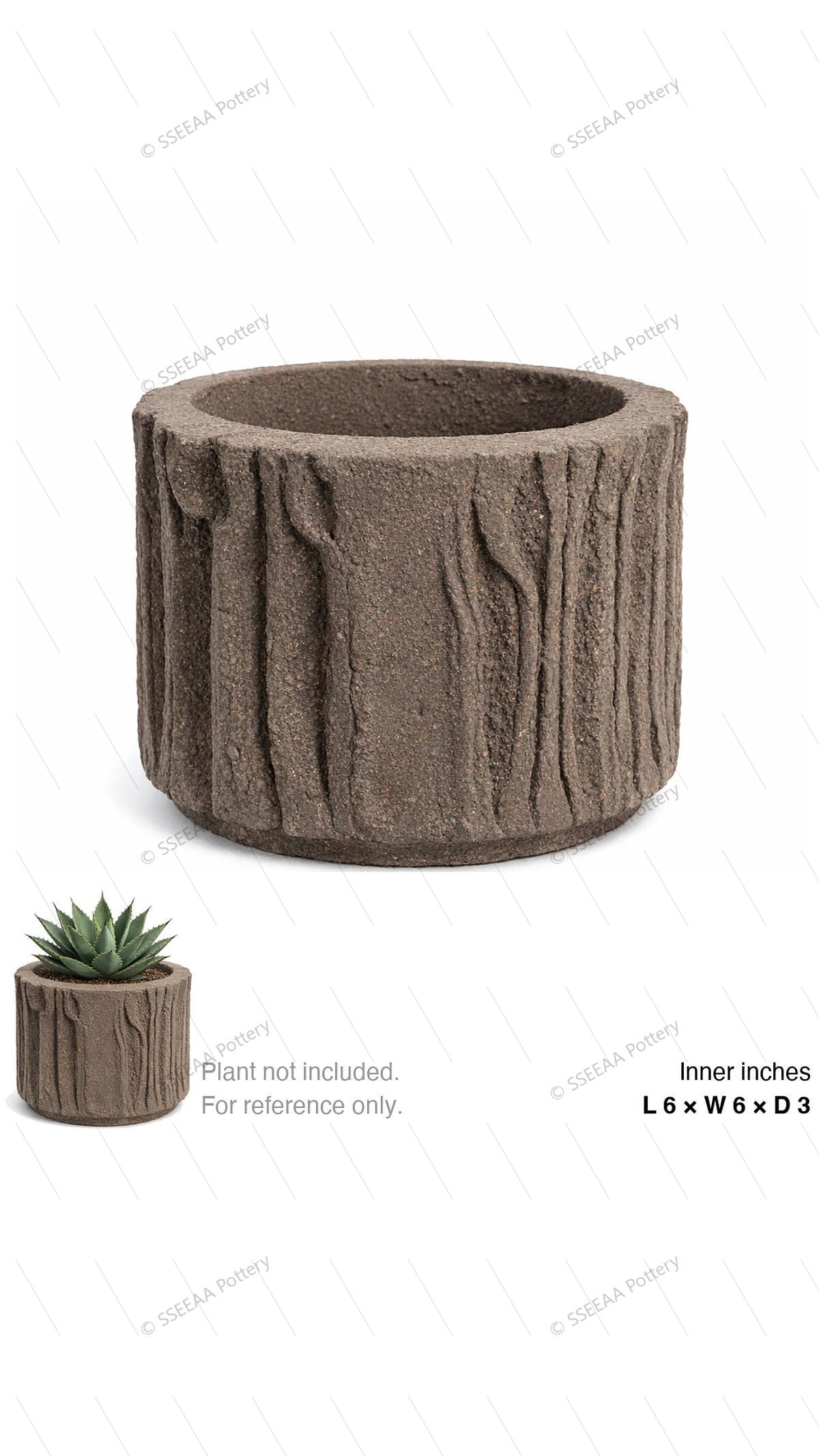 Weathered bark-texture round pot in brown with a thick rim and compact profile, shown on a white background.