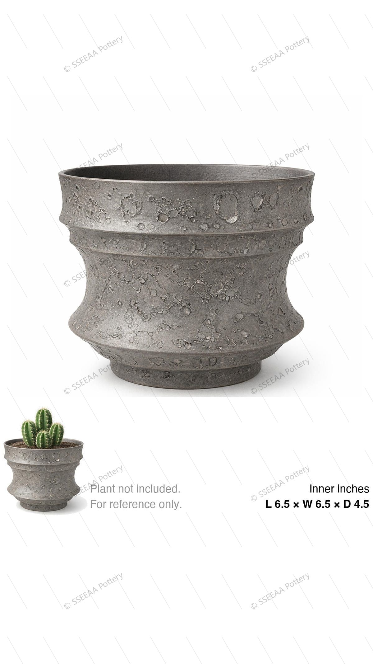 Weathered gray footed pot with pitted surface and rounded cinched profile
