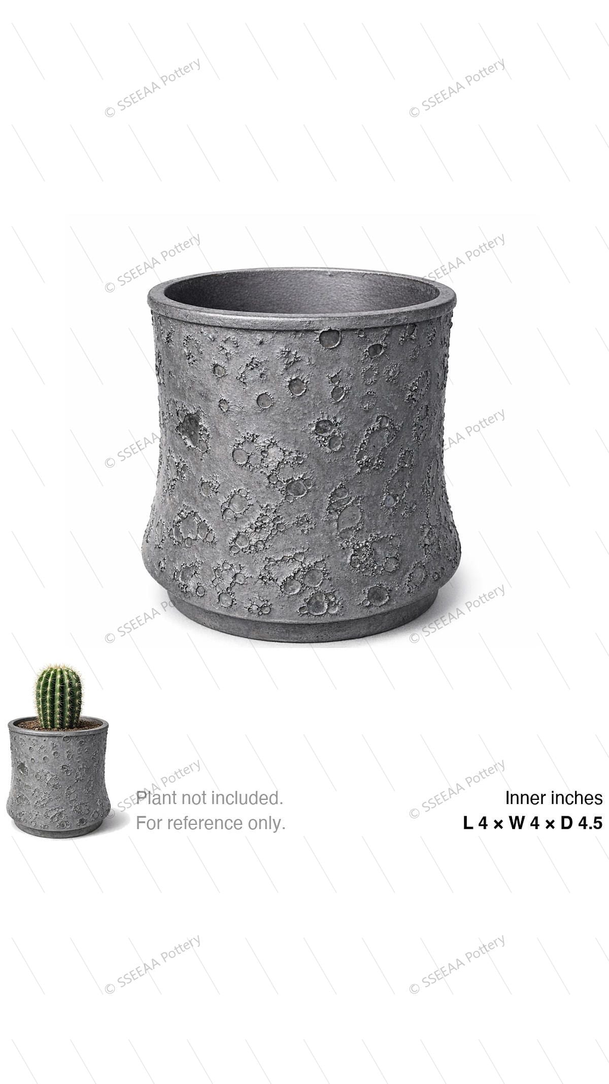 Cratered storm-gray pot with a rounded tapered profile and straight rim