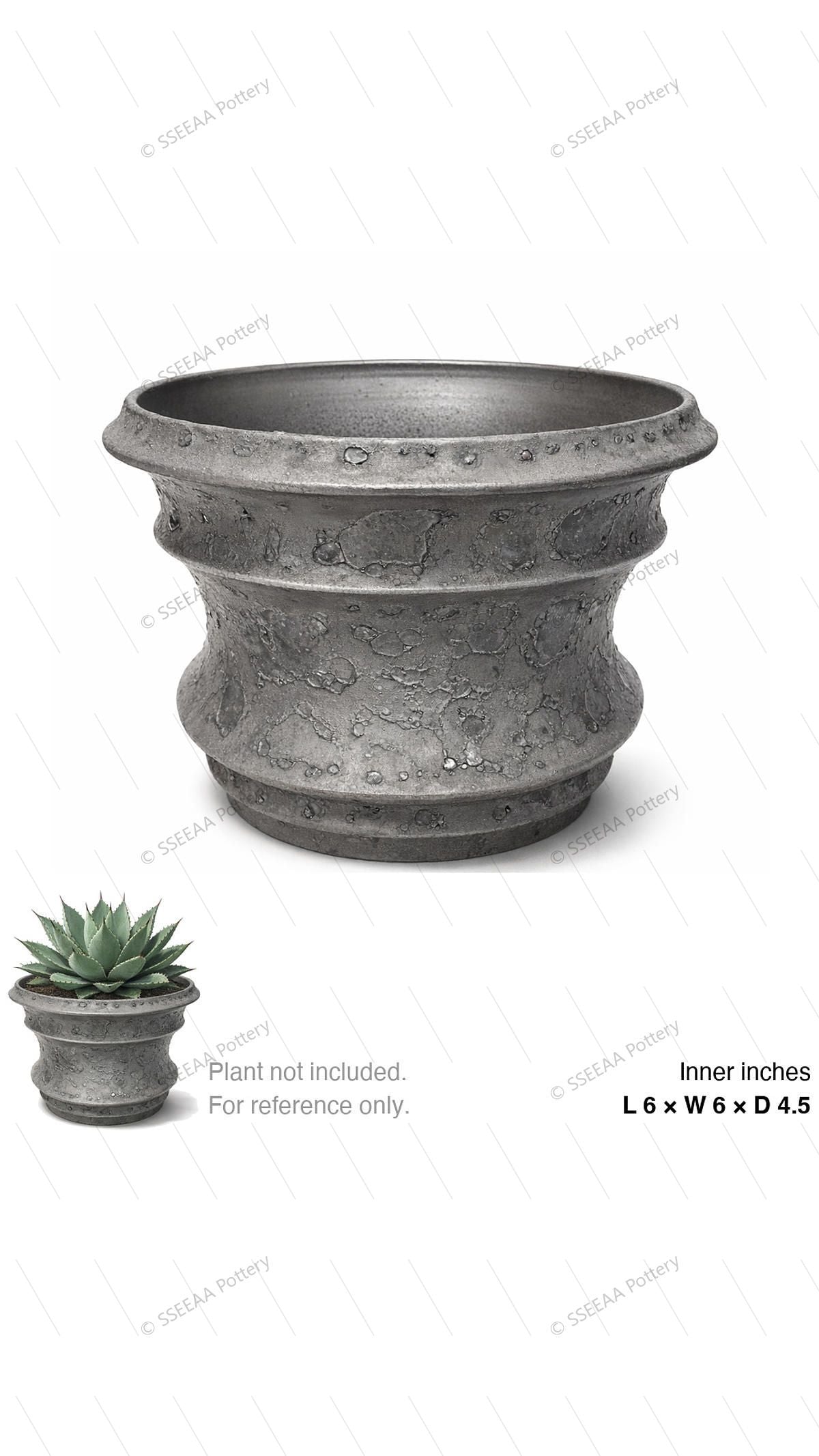 Gray textured footed pot with flared rim and rounded body on a white background