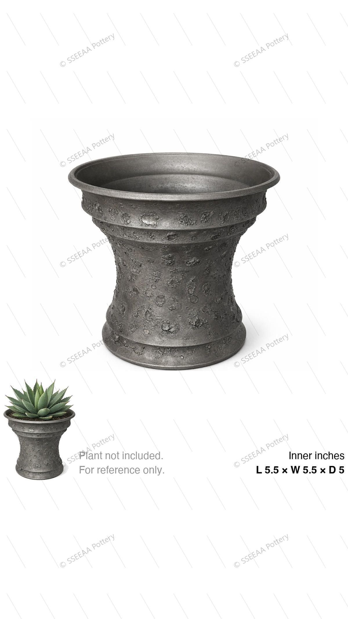 Gray weathered footed pot with flared rim and tapered waist, shown empty.