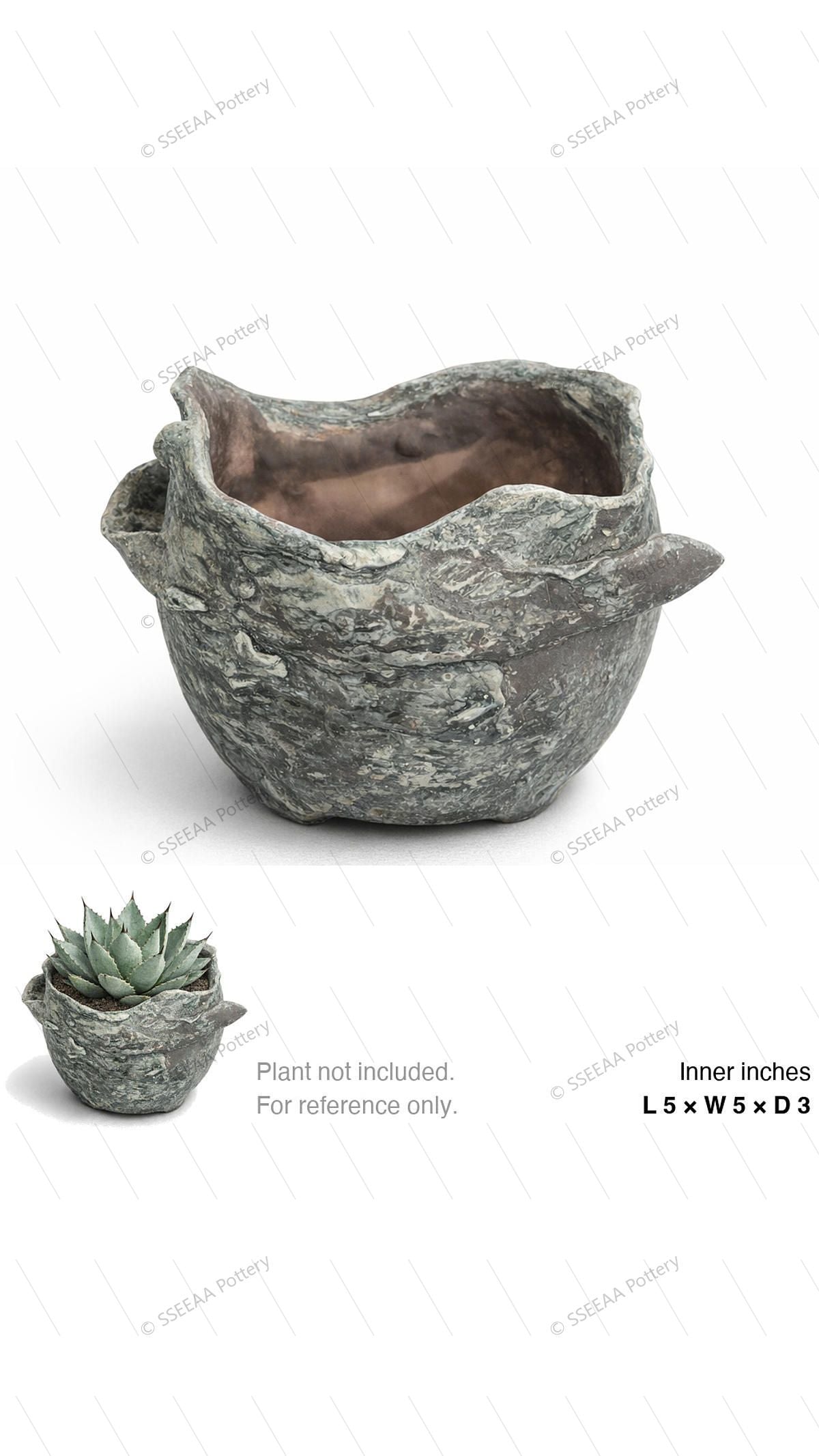 Textured gray-green stone-look pot with irregular rim and rounded body, shown on a white background with a small succulent example.