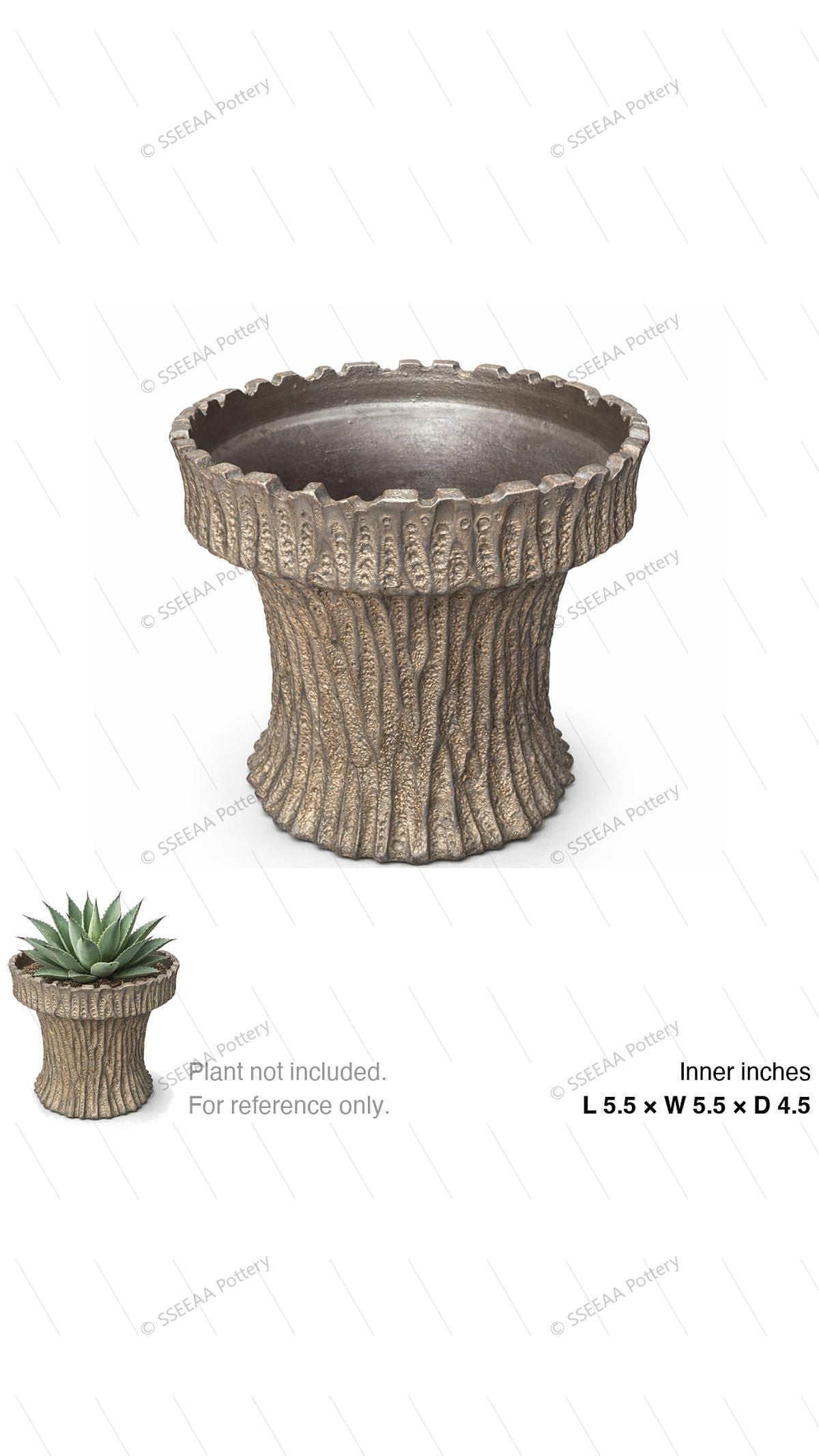 Textured bronze footed pot with flared rim and ribbed pedestal profile