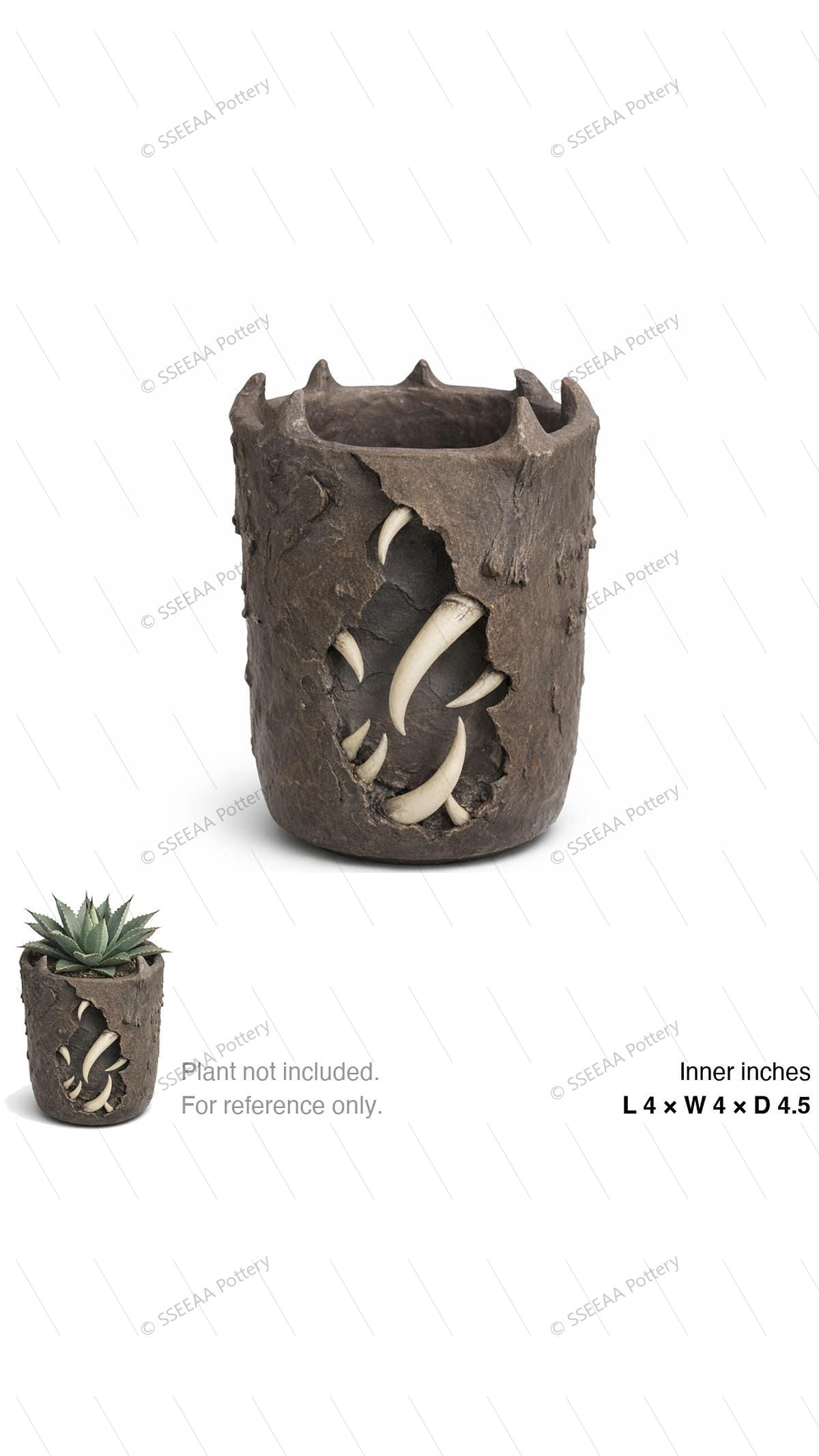 Dark sculptural tabletop pot with claw-like rim and weathered brown surface, shown empty on white background.