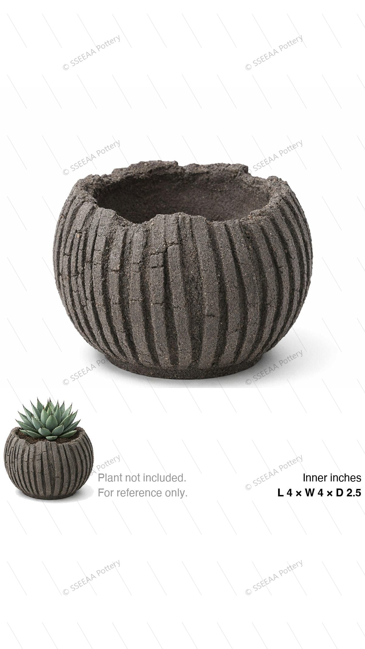 A dark ribbed round pot with an uneven rim and rugged textured surface.