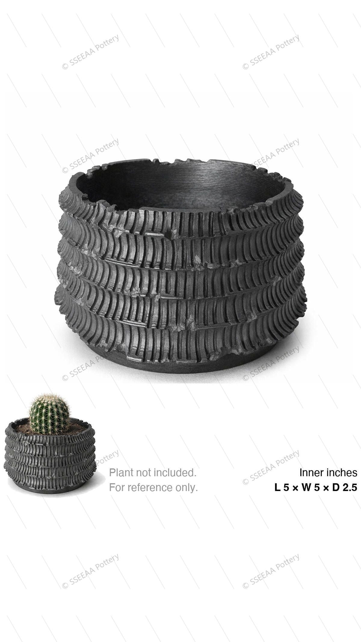 Dark ribbed ceramic-style pot with rounded profile and wide opening