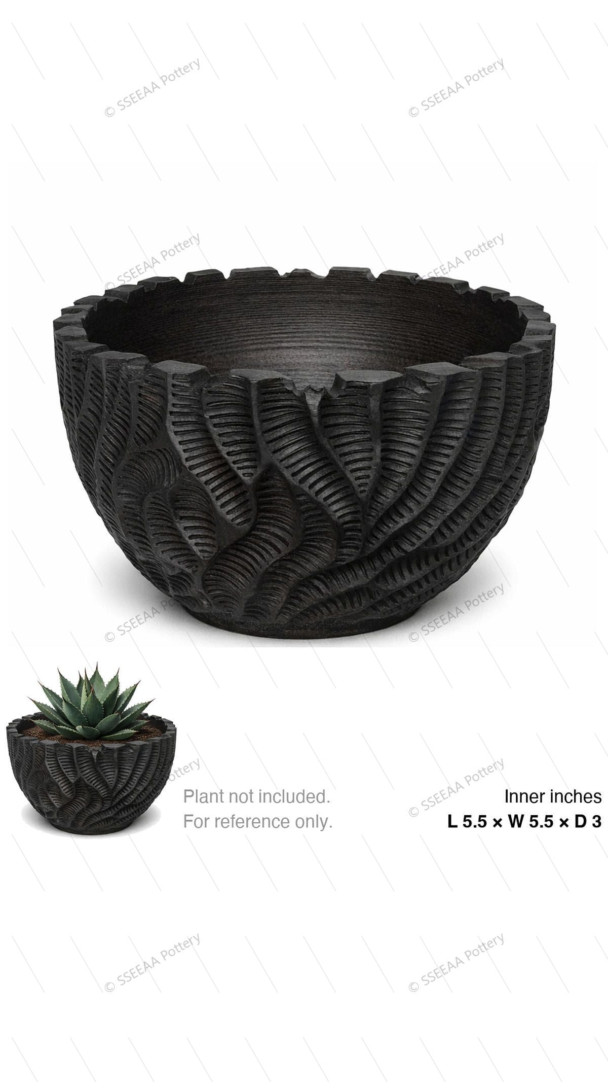 Black carved round pot with wide opening and textured leaf-like surface