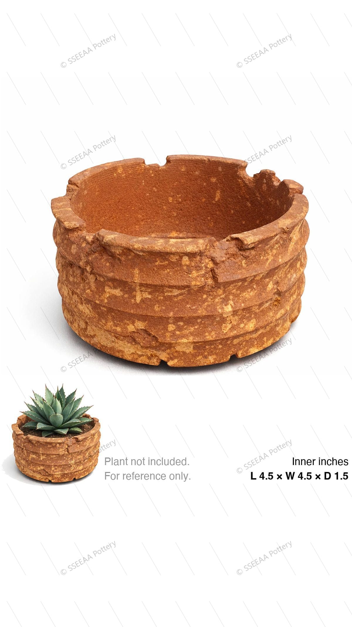 Rustic weathered round pot with an uneven rim and warm rust-brown surface