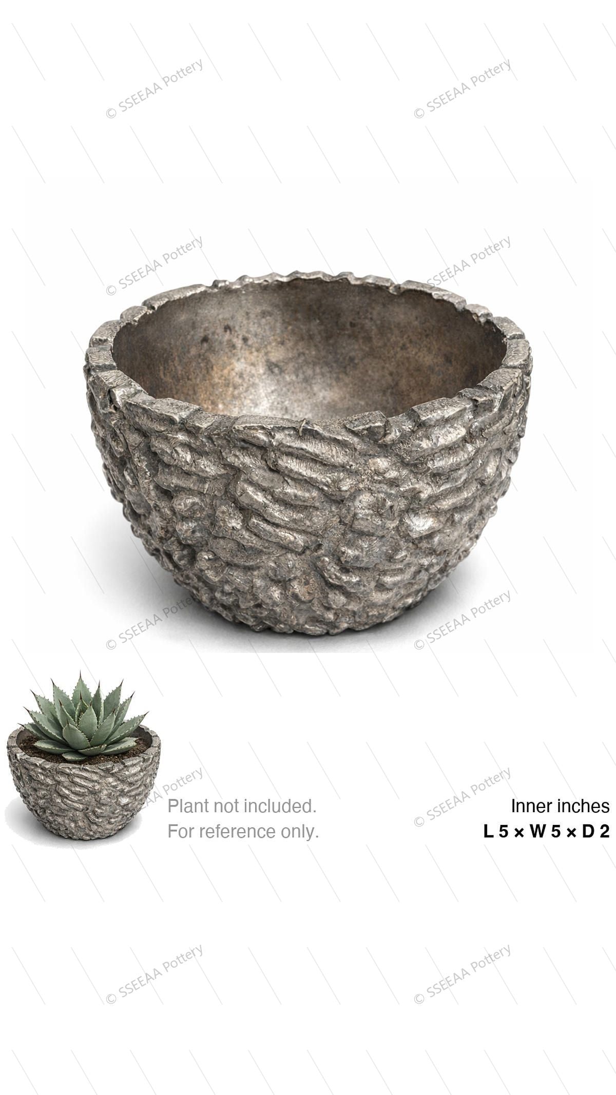 Rugged gray textured pot with a shallow rounded form and irregular rim.