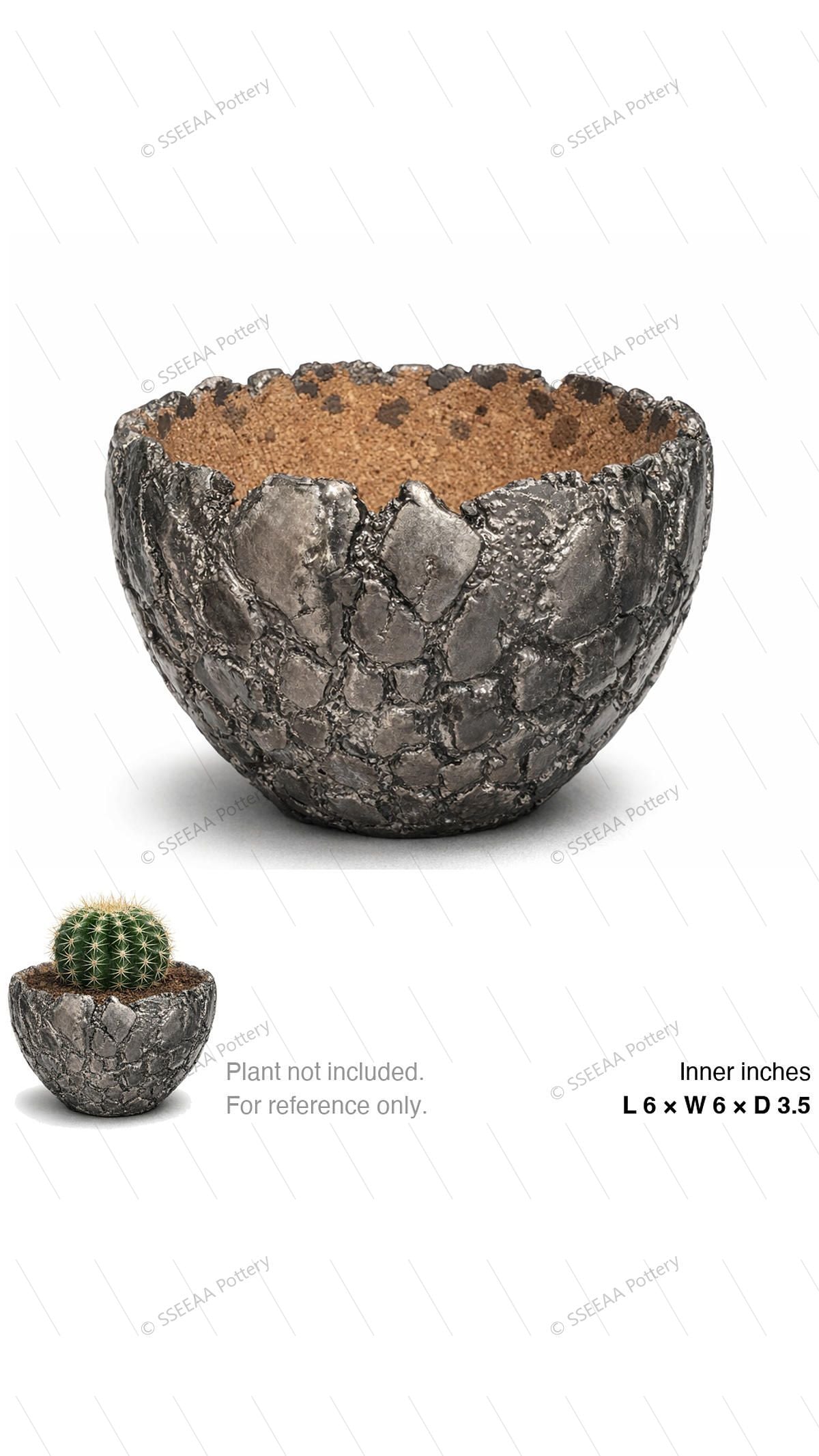Textured dark stone-look pot with rounded bowl shape and rough craggy surface.