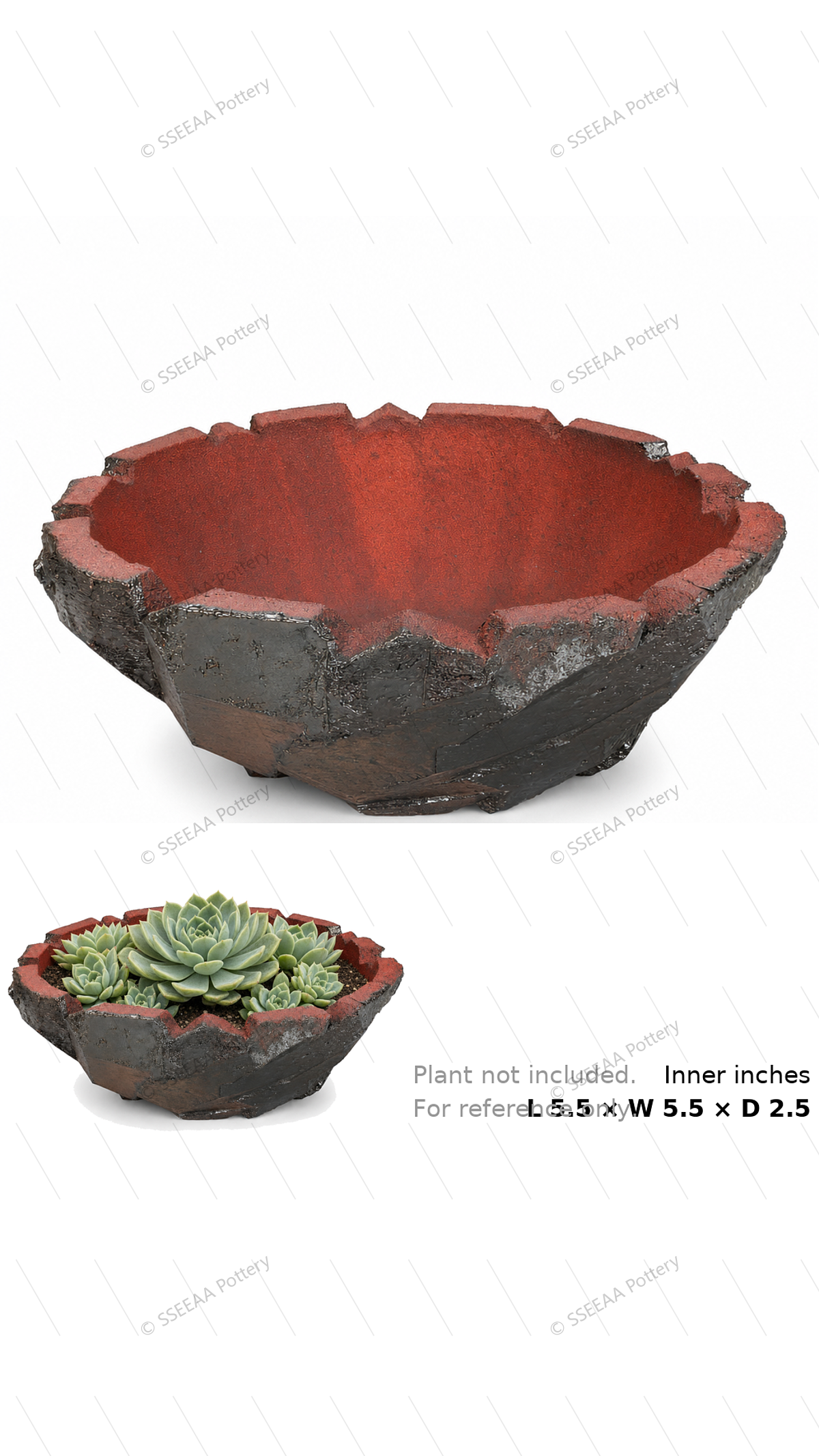 Craggy shallow rust-red pot with dark weathered exterior and jagged rim