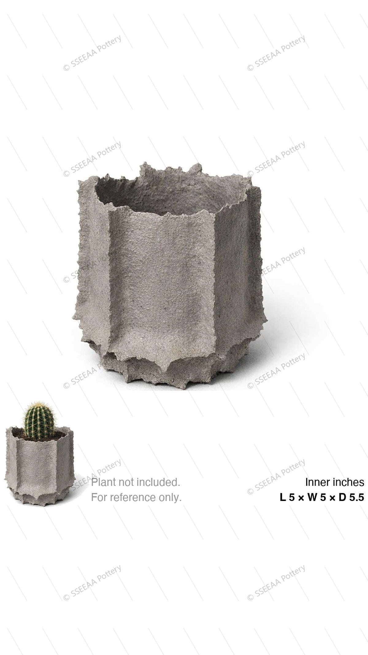 Gray craggy textured footed pot with uneven rim and faceted sides.