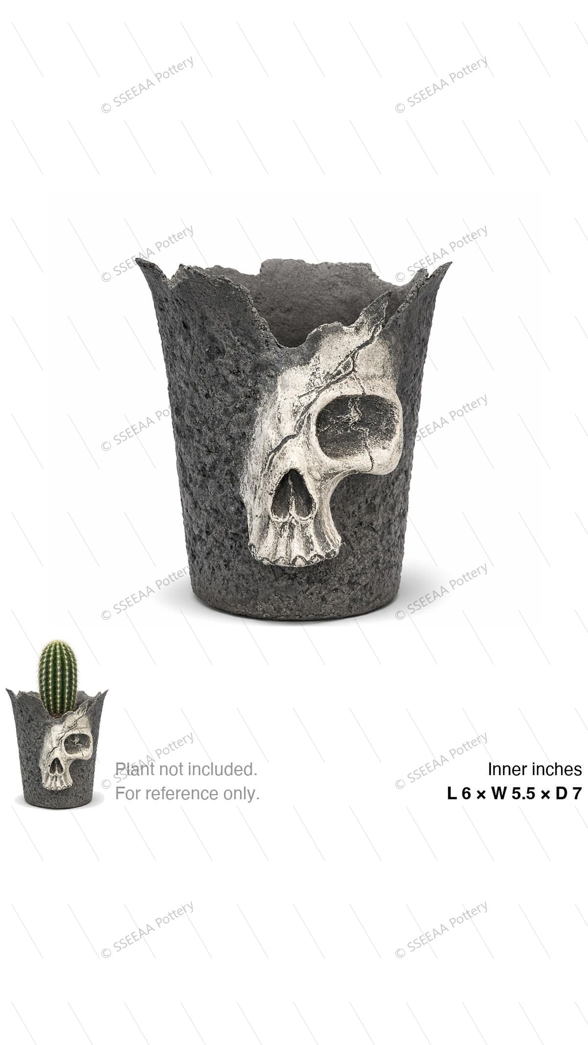 Dark textured pot with skull relief and flared uneven rim shown front view.