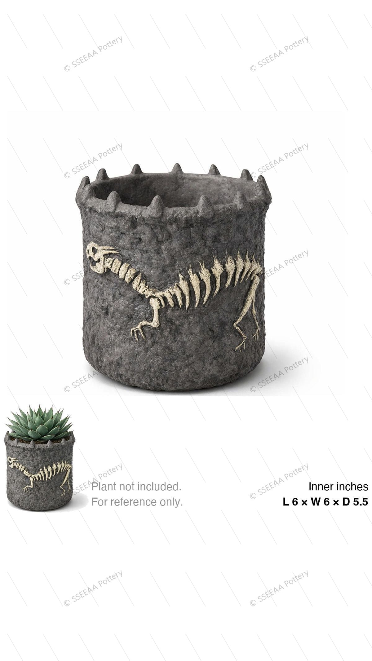 Dark textured dinosaur fossil-style pot with jagged rim
