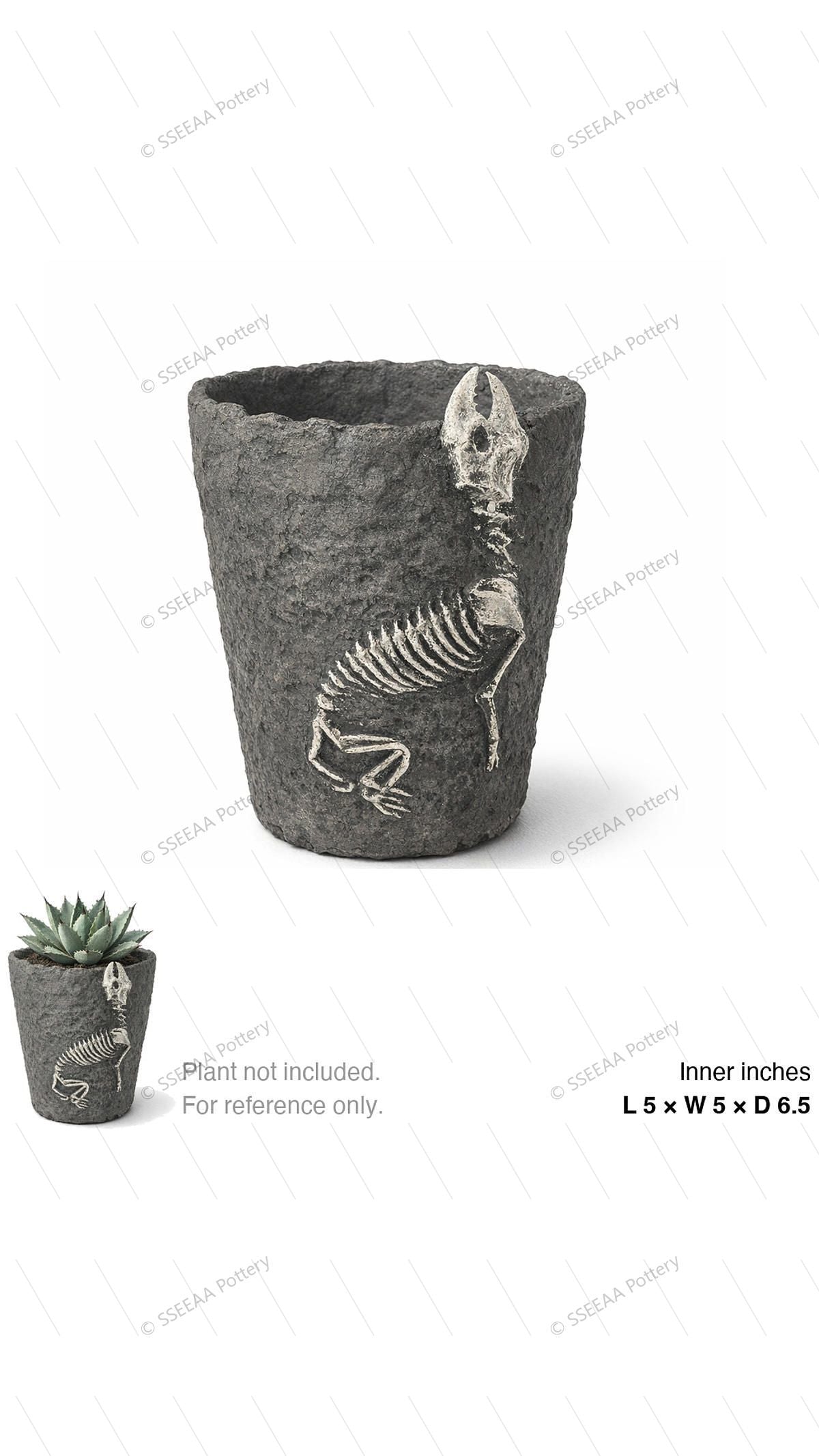 Dark gray textured pot with skeletal relief detail and open rim.