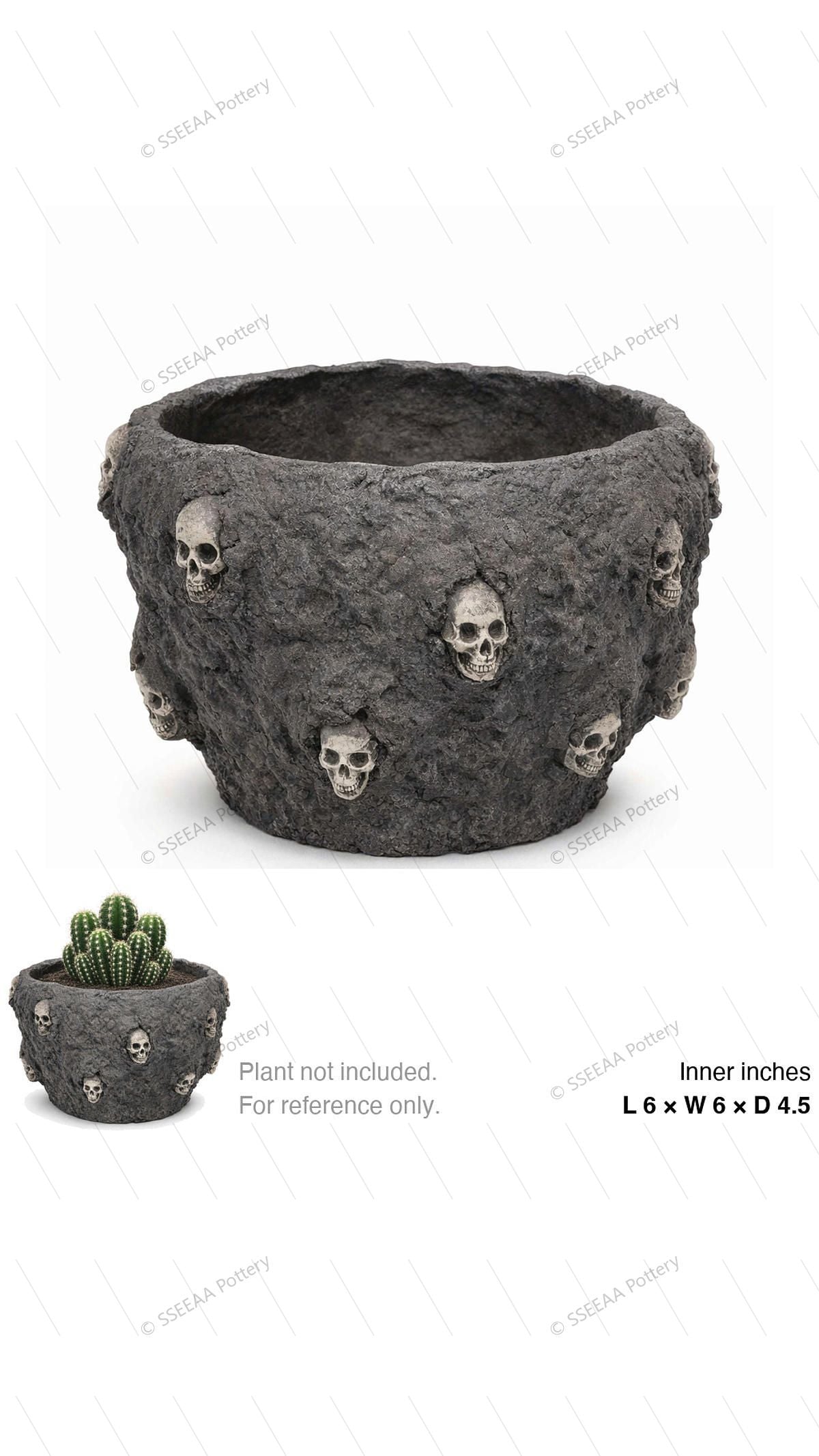 Charcoal skull-textured round pot with rough surface and open rim