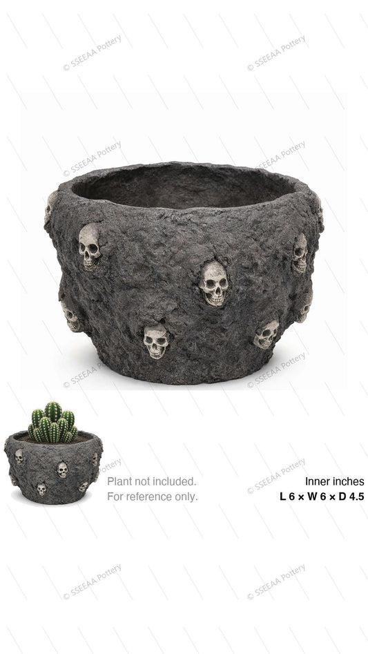 Charcoal skull-textured round pot with rough surface and open rim