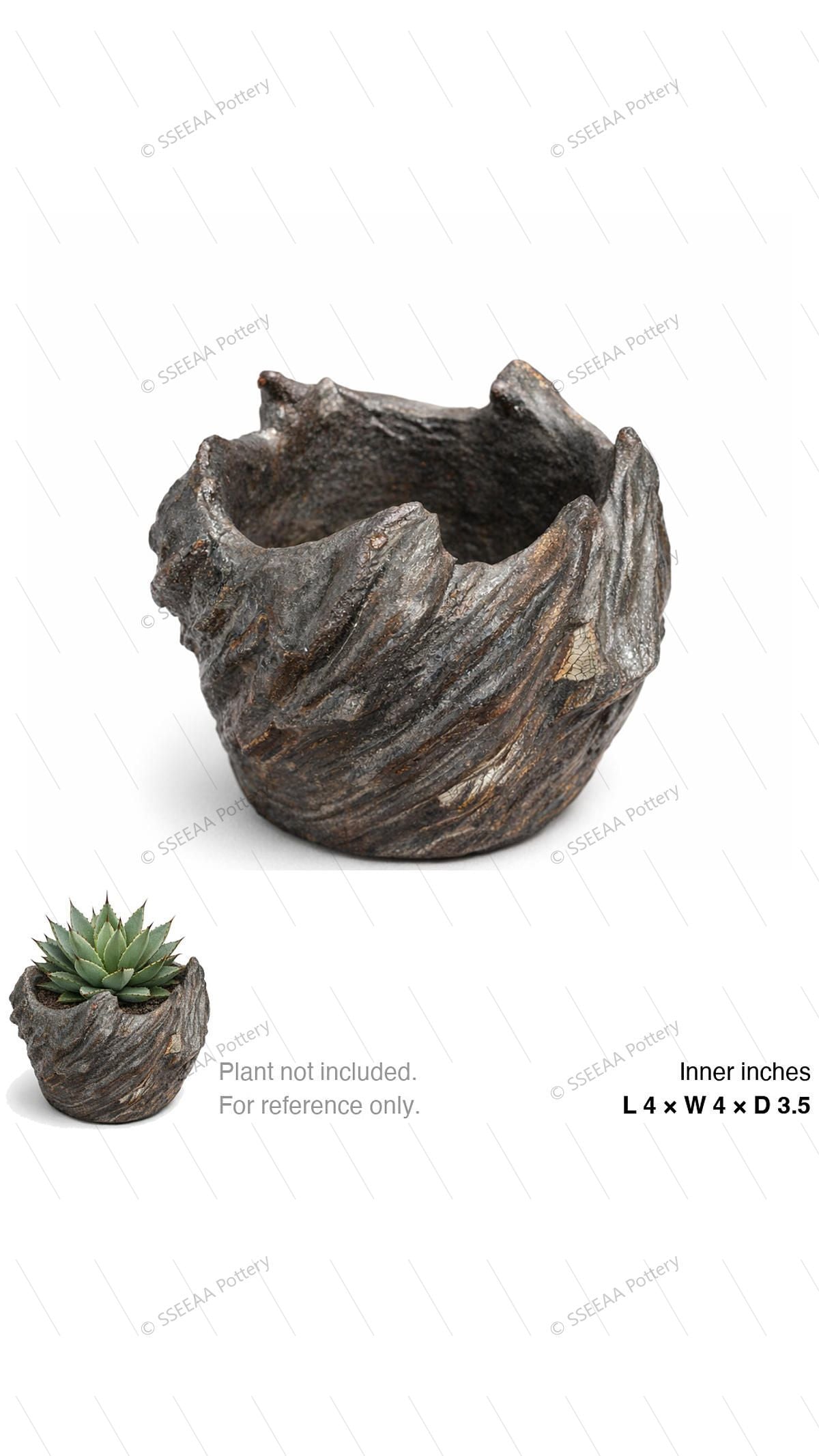 Dark weathered decorative pot with a rugged open rim and sculptural textured surface.