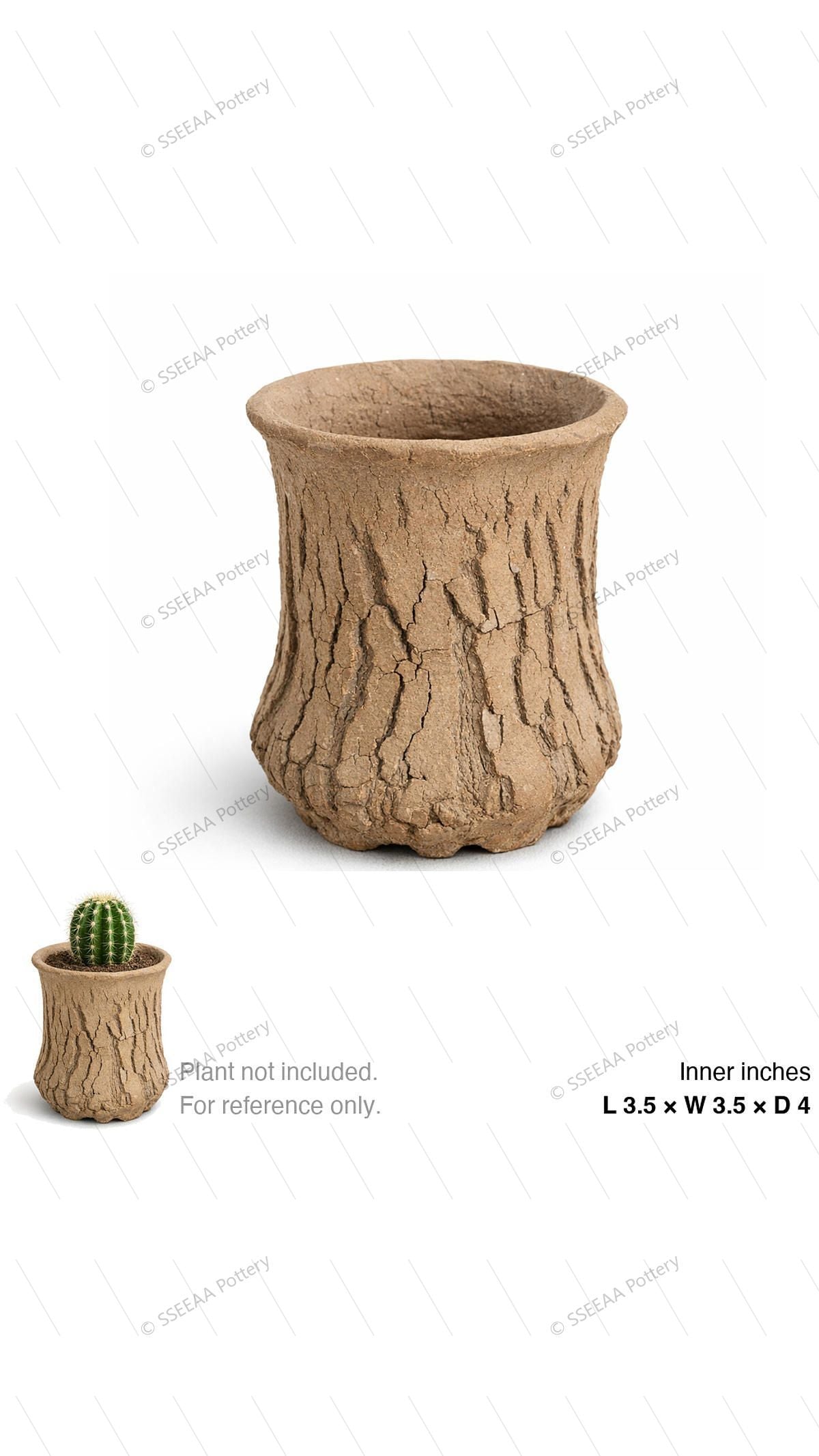Brown bark-textured pot with flared rim and footed base on a white background.