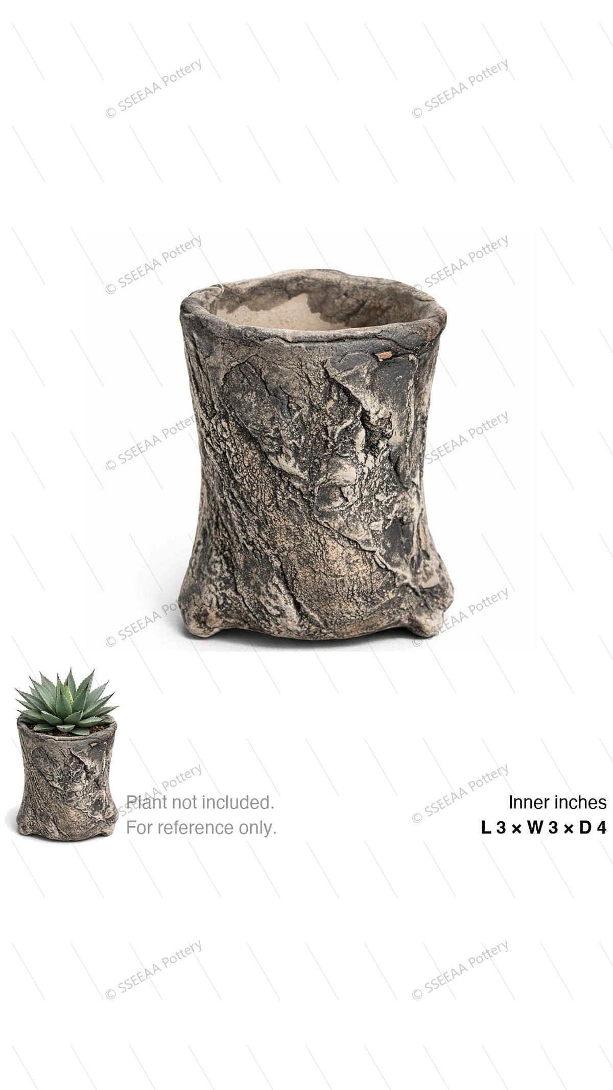 Weathered charcoal footed pot with bark-like textured surface