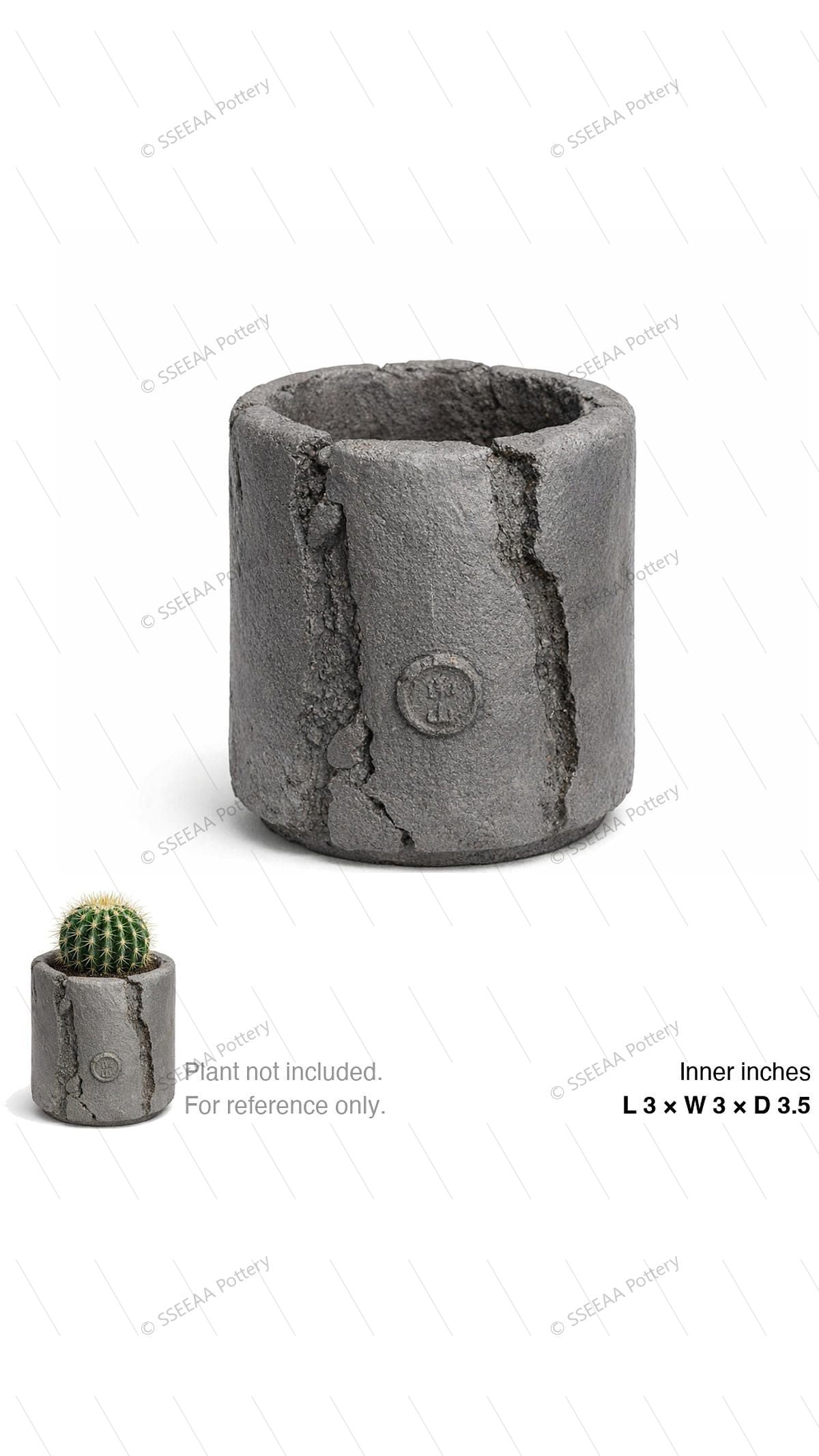Storm gray cylindrical pot with cracked textured surface and weathered finish