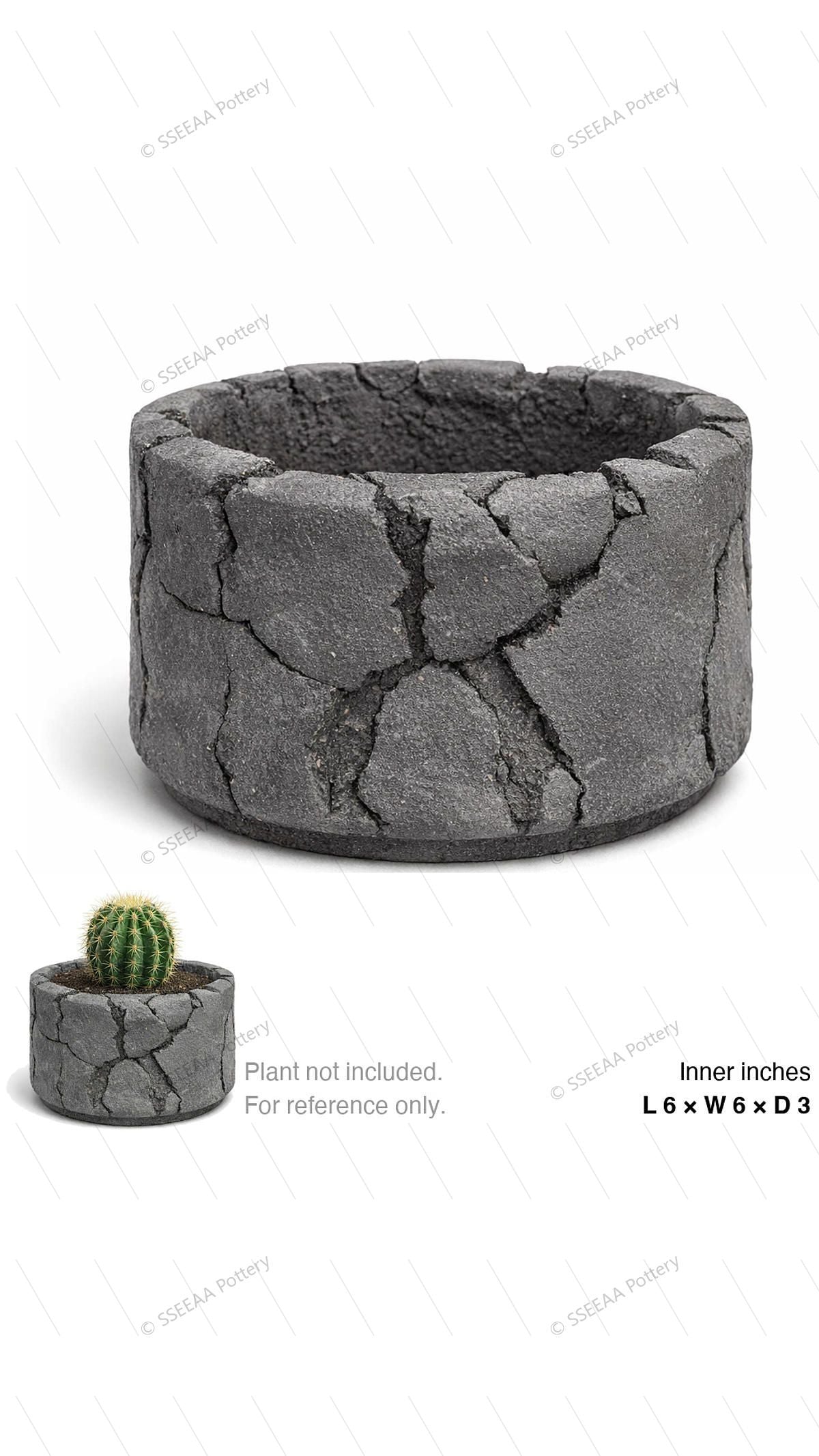 Dark gray round pot with a cracked stone-like surface and wide opening.