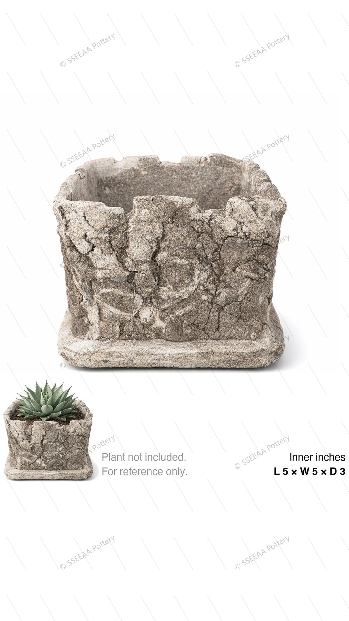 Craggy beige-gray square footed pot with open rim