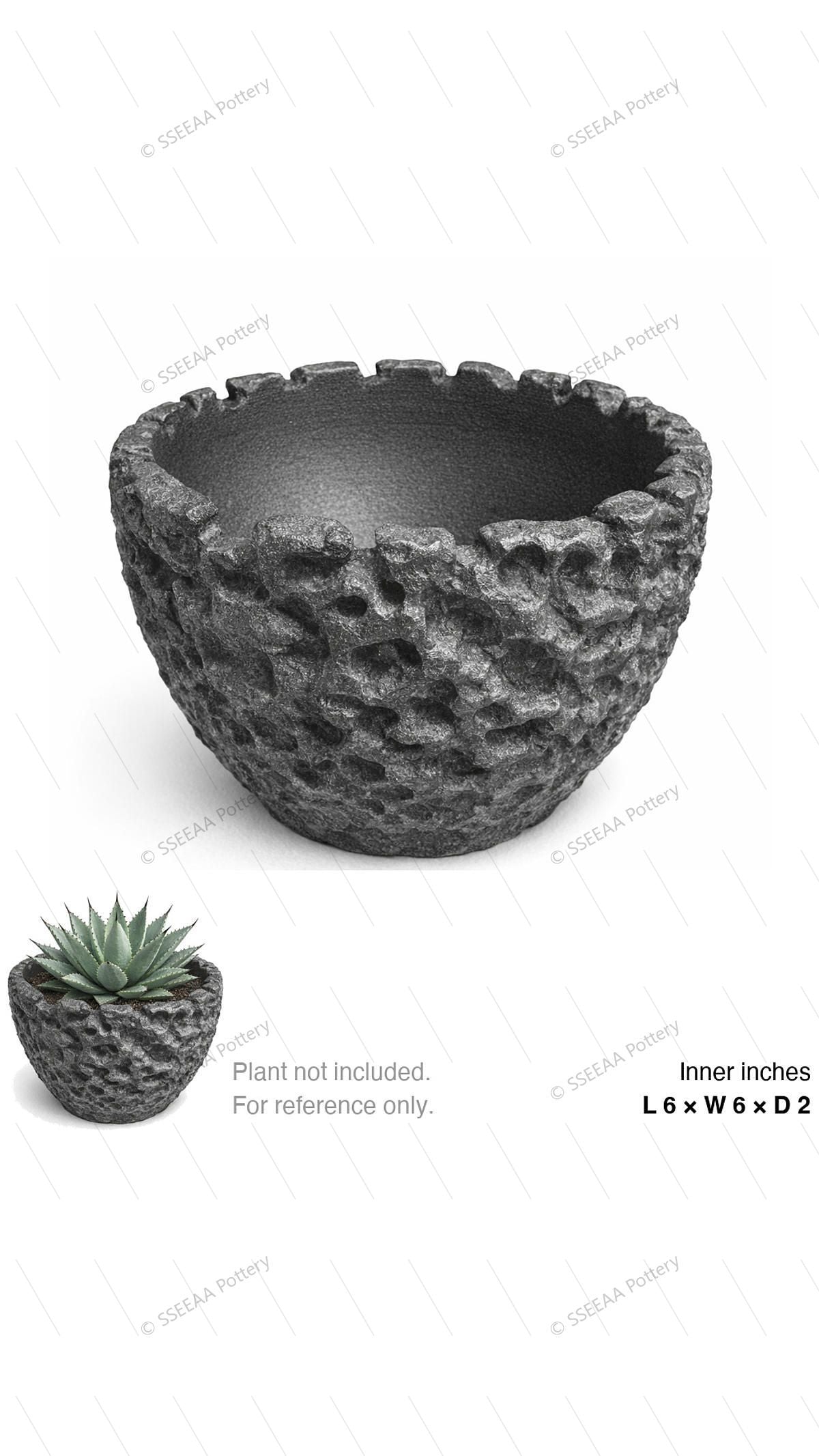 Rugged slate gray textured round pot with a craggy rim and shallow bowl shape.
