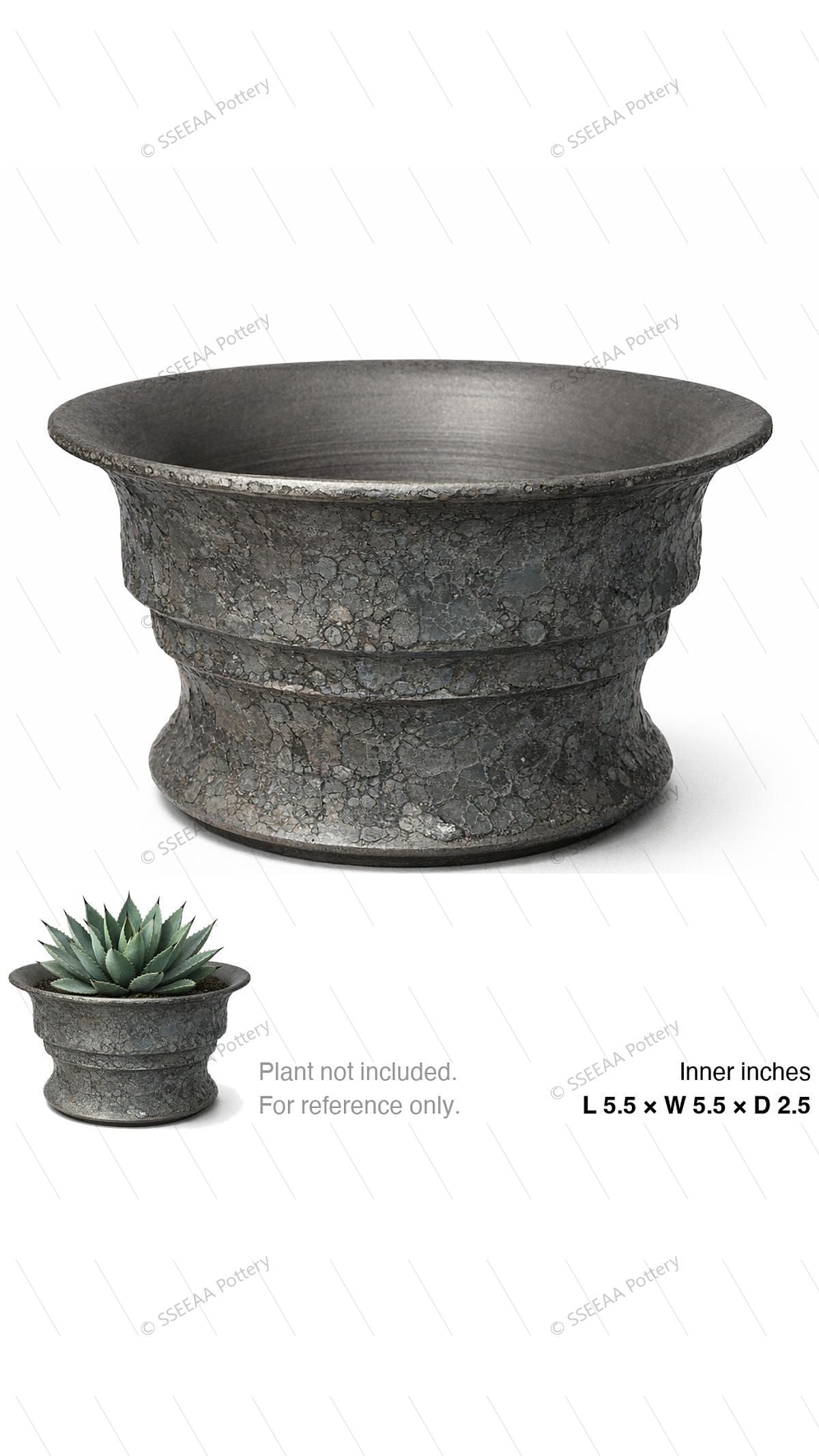 Dark gray textured footed pot with a wide flared rim and weathered stone-like surface.