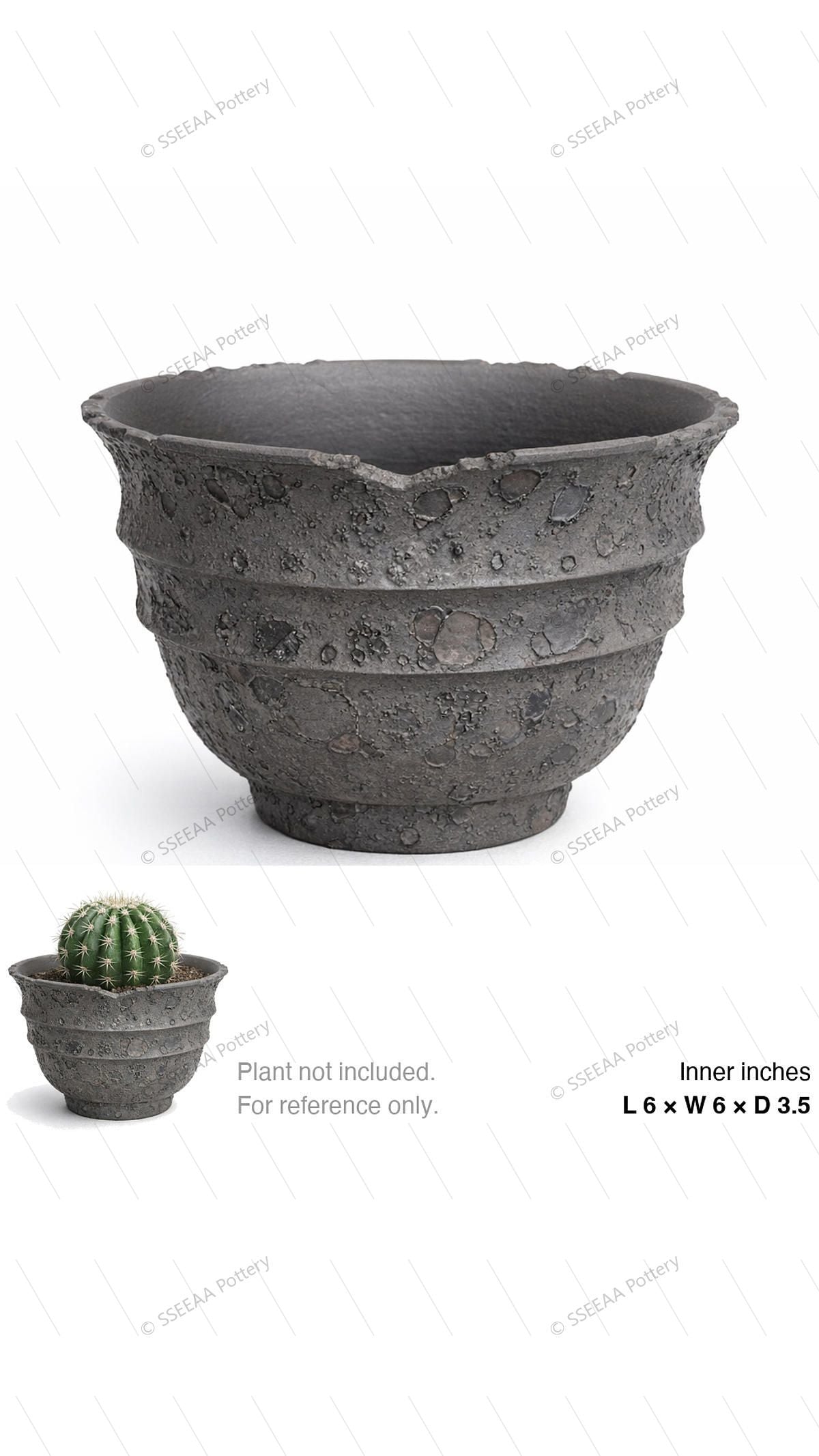 Textured storm-gray footed pot with cratered surface and wide rim
