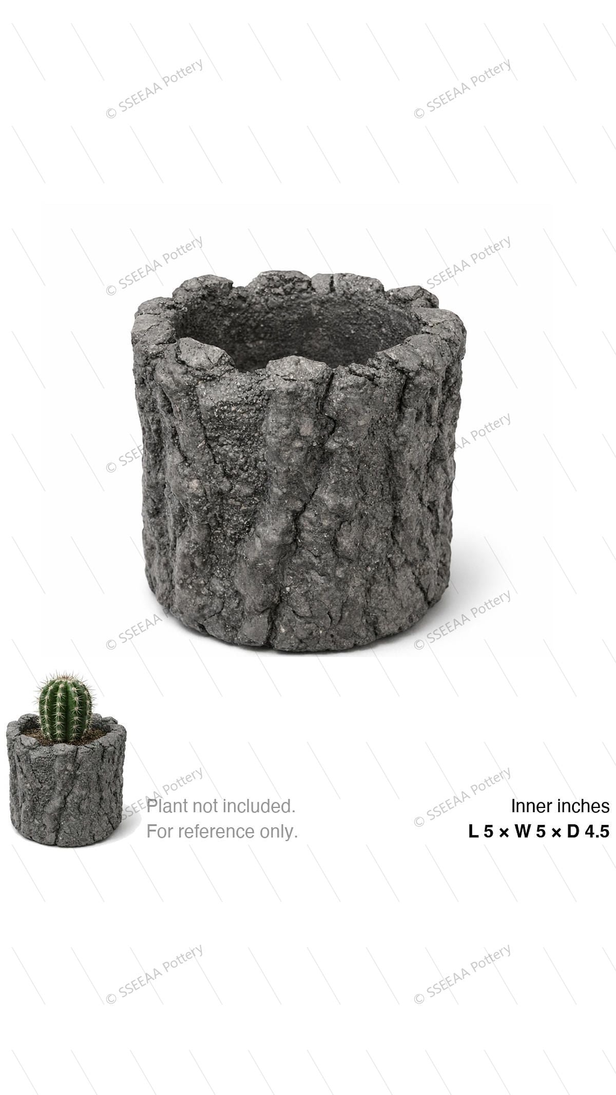 Dark stone-look textured pot with an irregular rim and cylindrical form