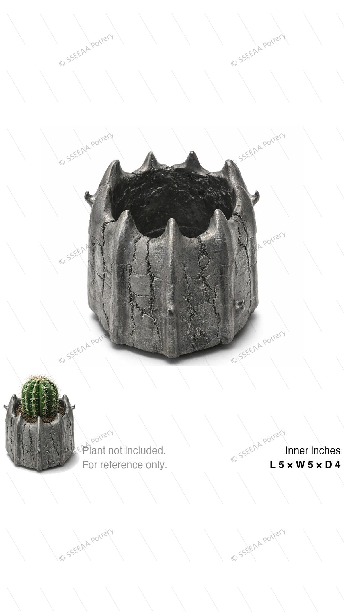 Storm-gray spiked pot with cracked stone-like surface and jagged rim.