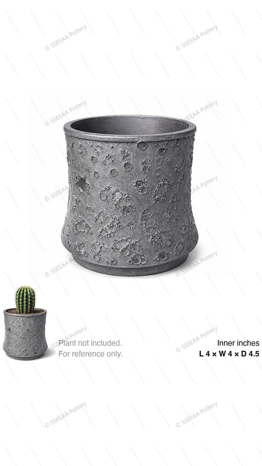 Cratered storm-gray pot with a rounded tapered profile and straight rim