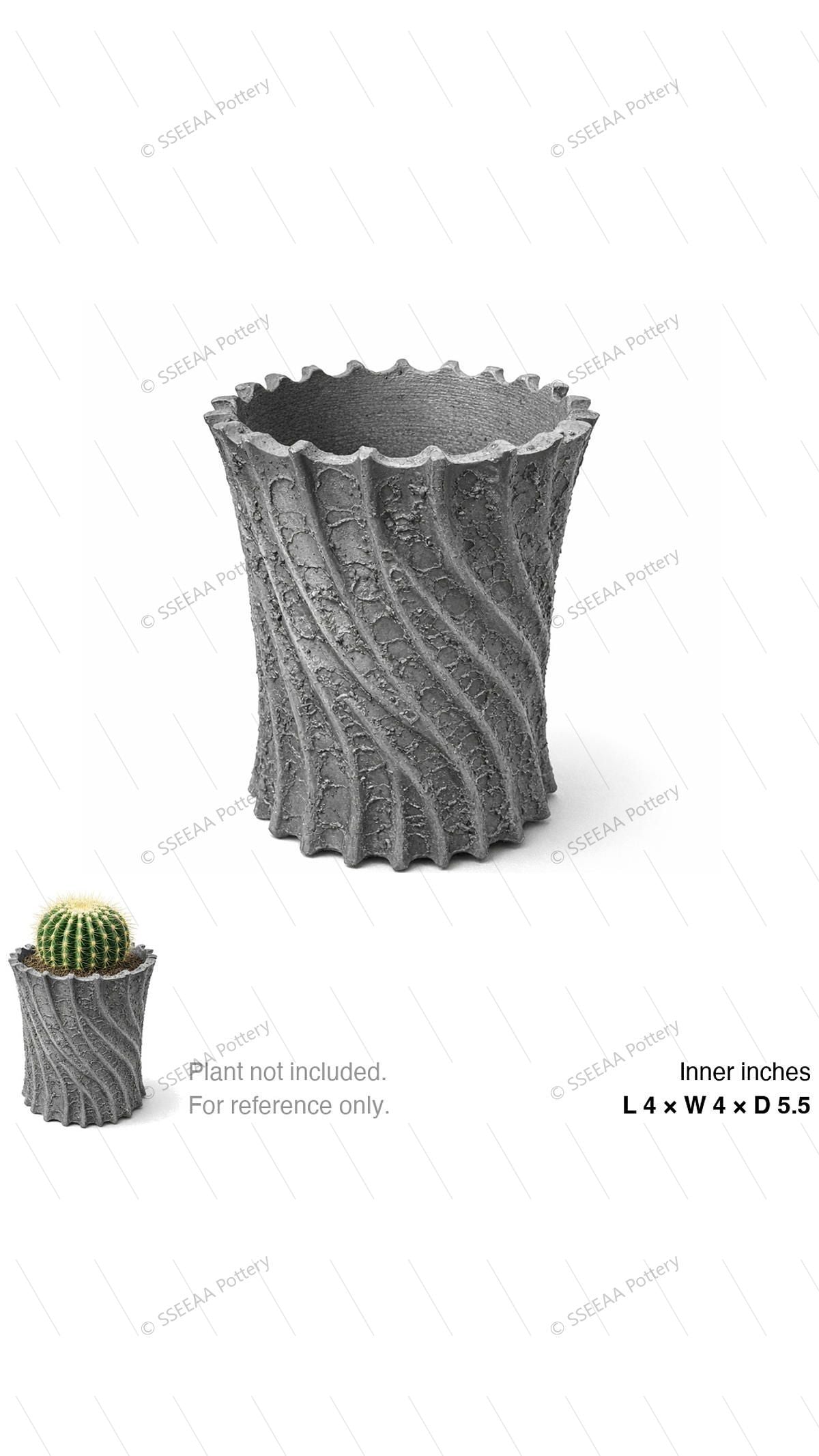 Textured gray scalloped pot with tapered profile and weathered finish