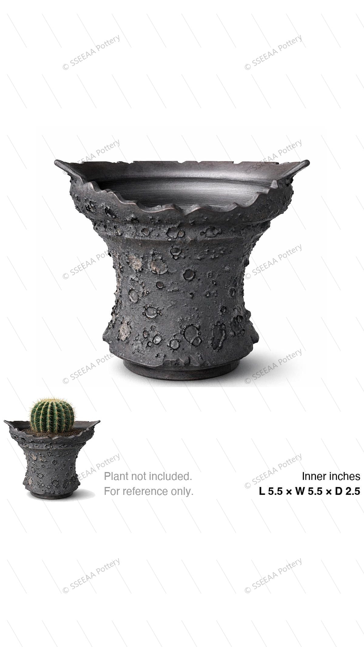 Charcoal craggy footed pot with flared scalloped rim and cratered texture