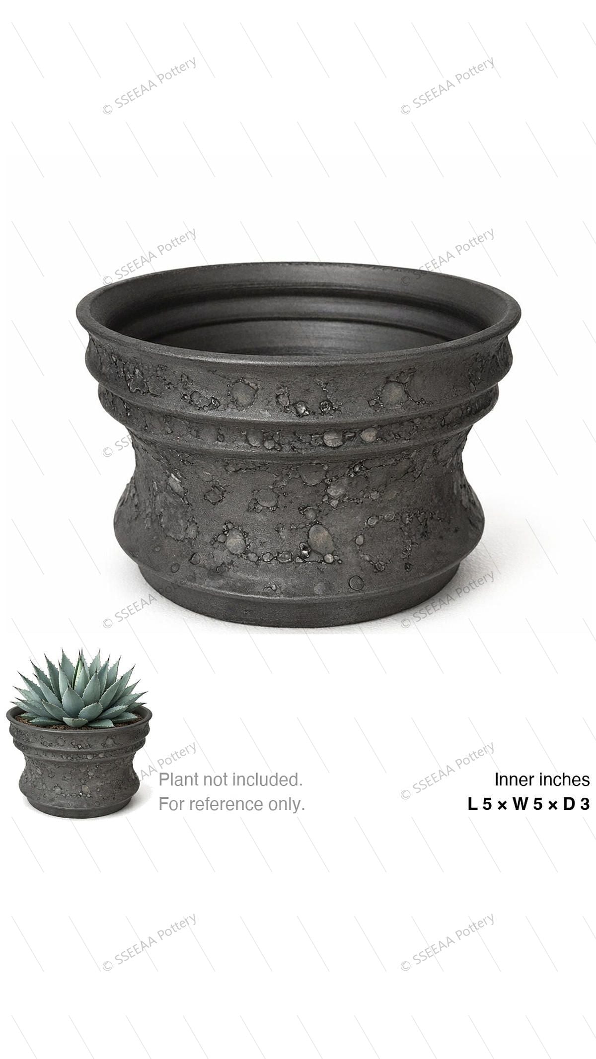 Charcoal weathered pot with flared rim and cratered texture