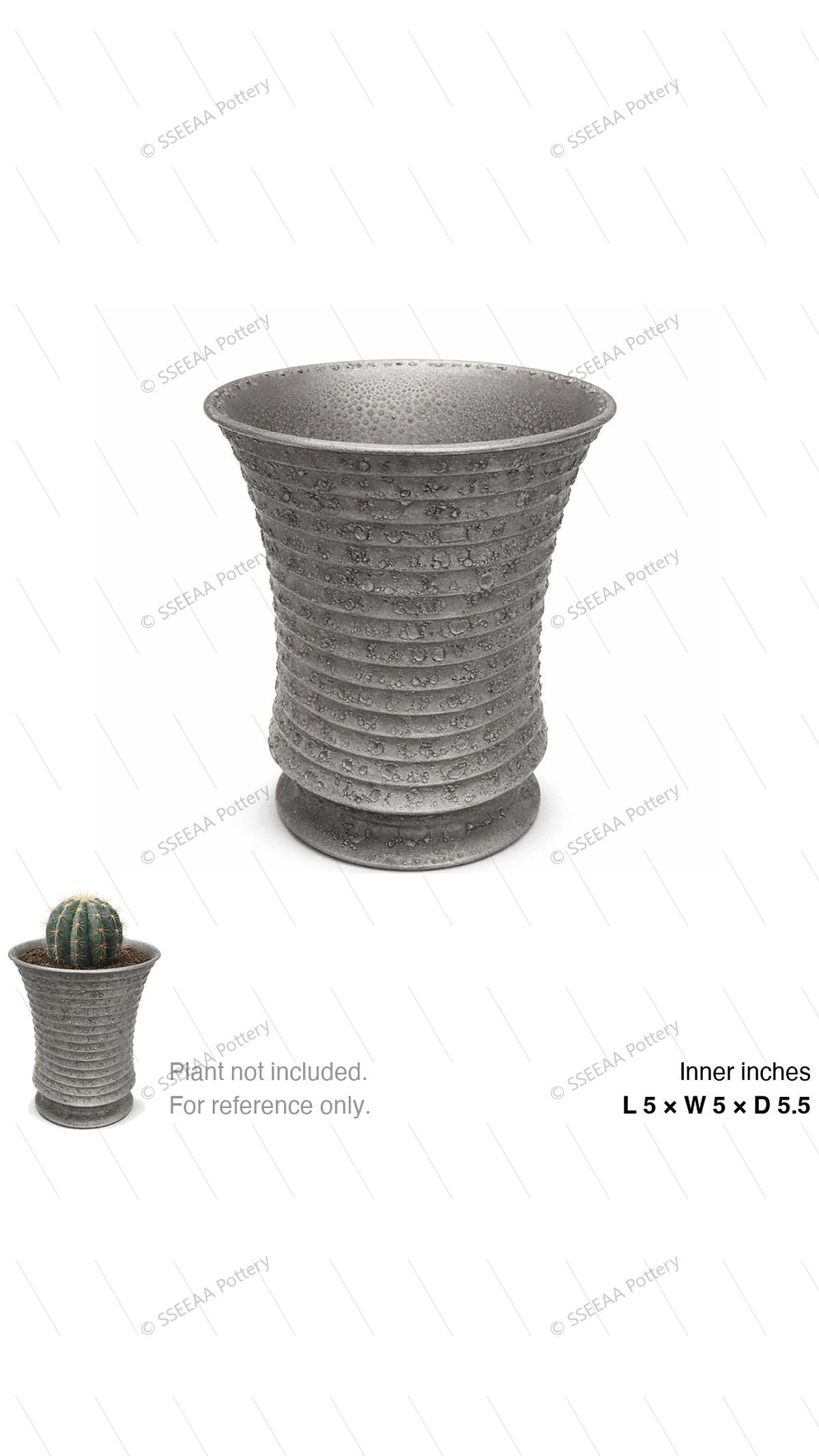 Textured slate-gray flared pot with a rounded foot and pitted surface.