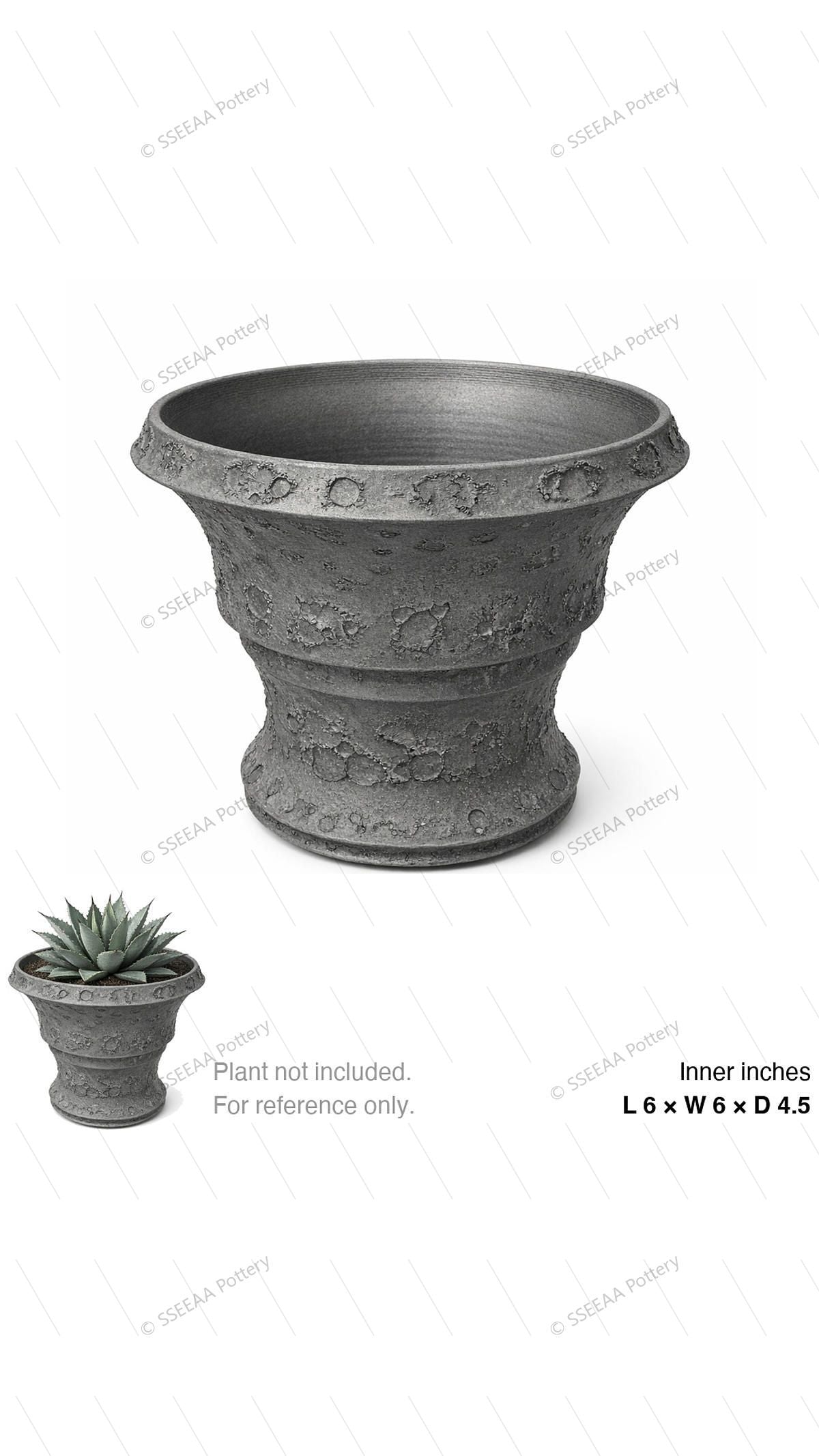 Weathered gray footed pot with flared rim and sculpted textured surface