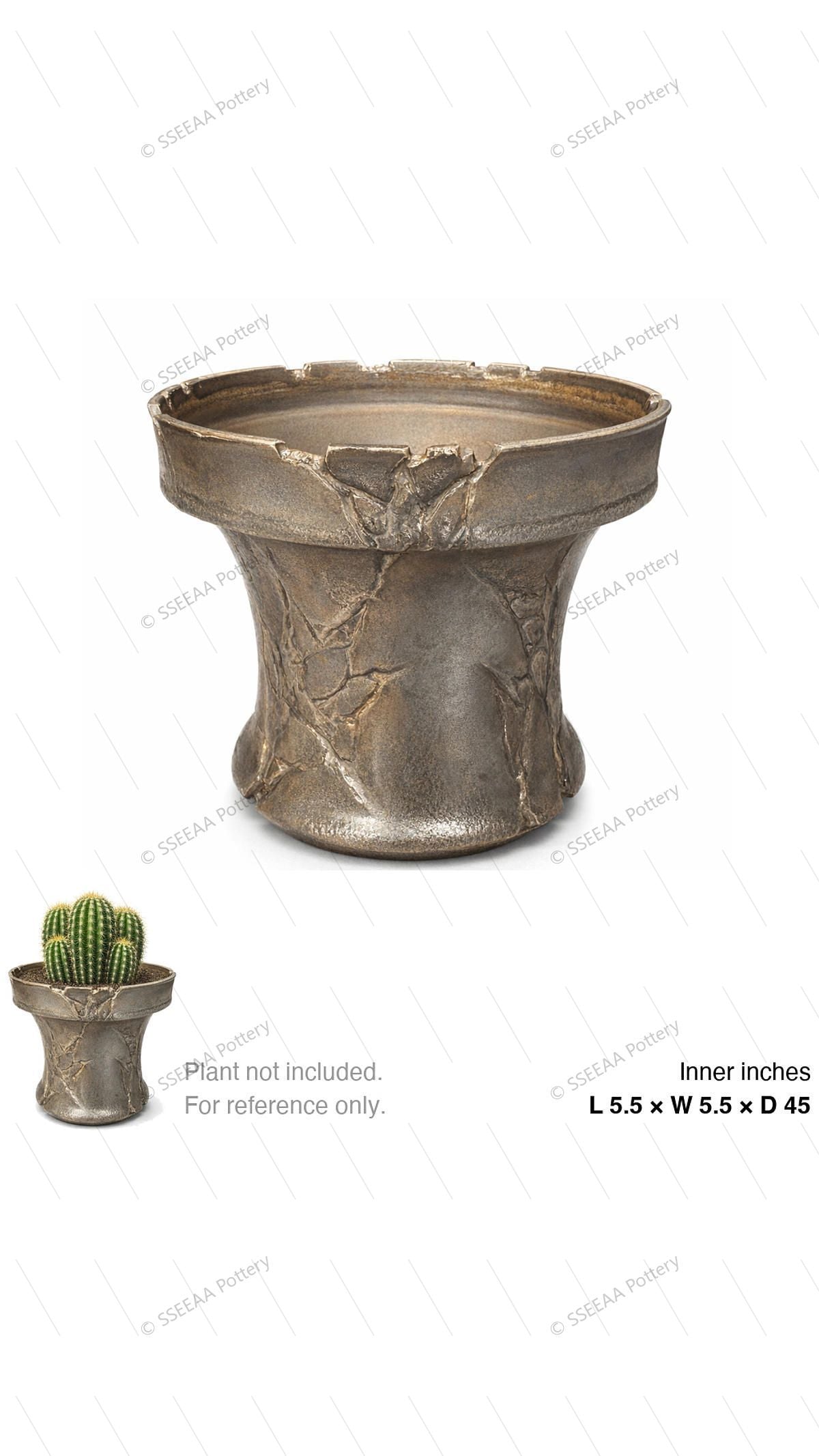 Textured bronze footed pot with a wide rim and rugged cracked surface