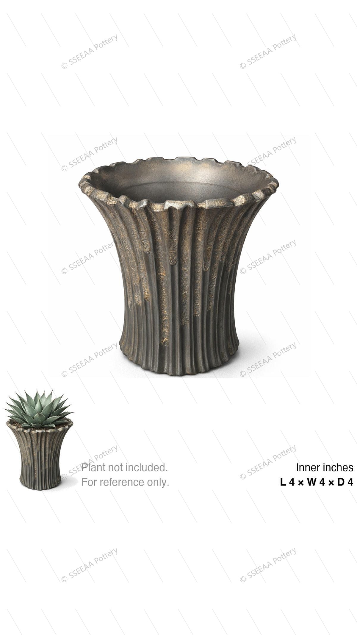 Bronze fluted pot with scalloped rim and tapered profile