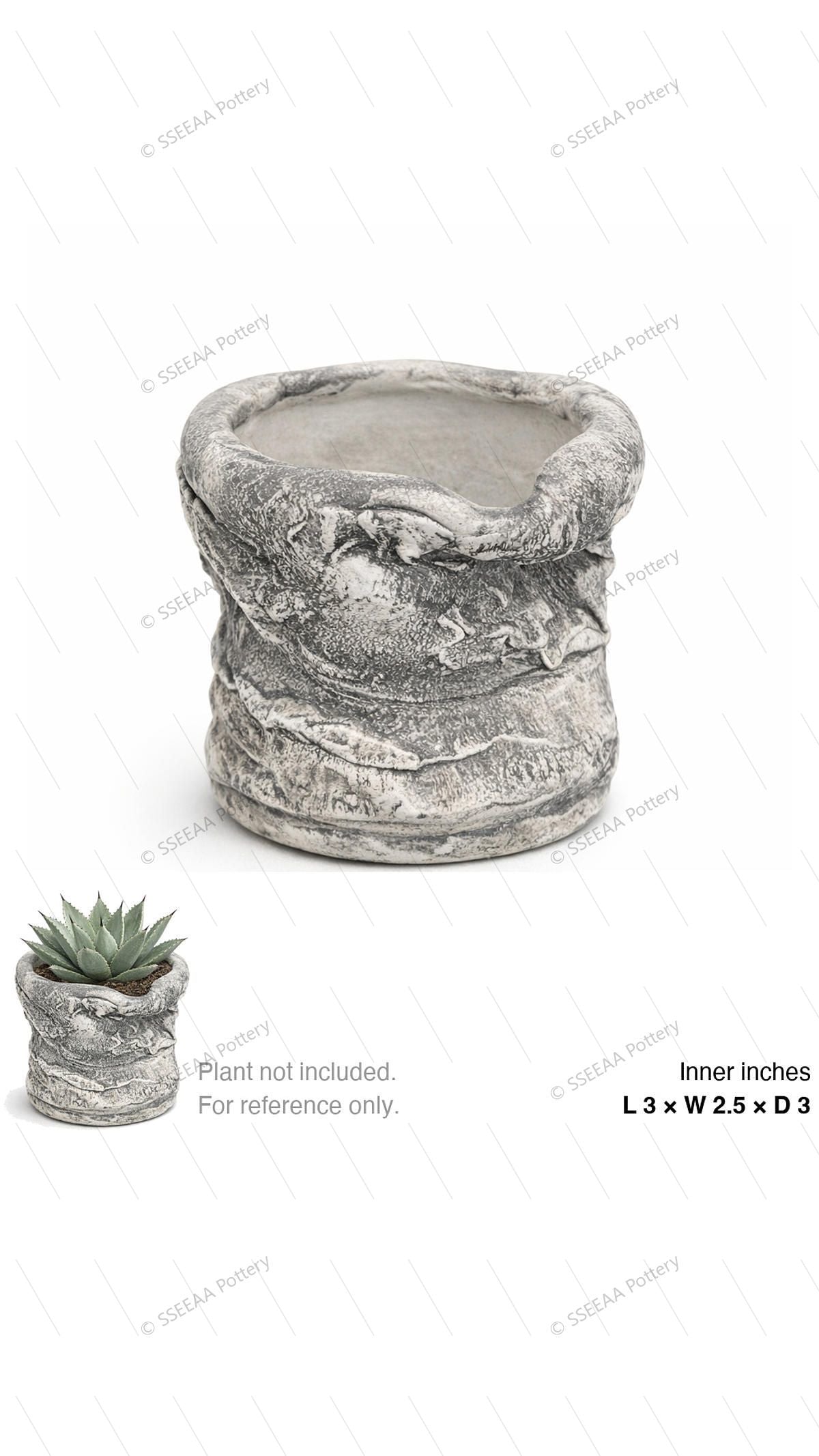 Weathered gray sculptural pot with wrapped organic rim and distressed finish.