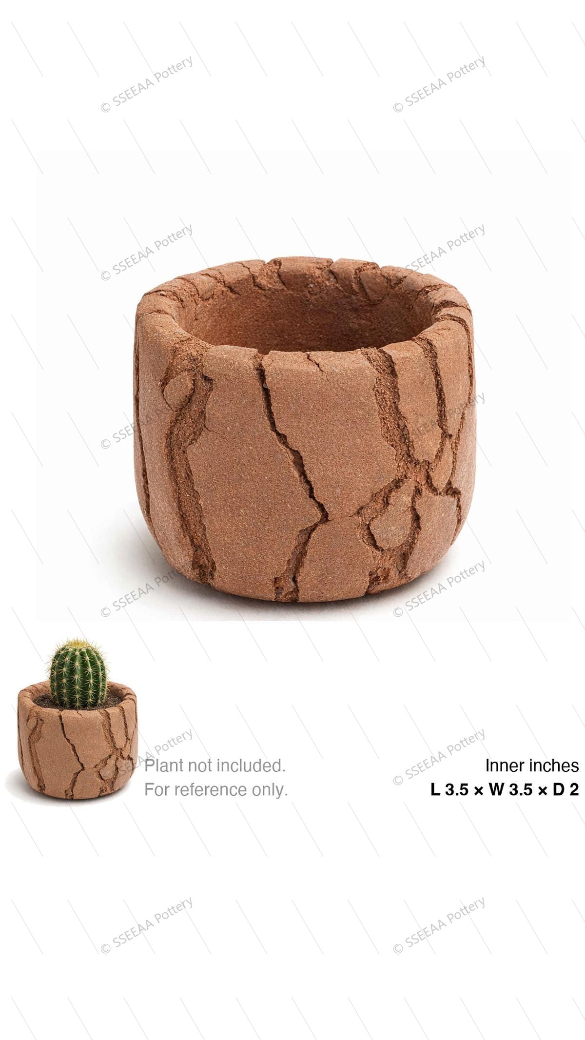 Textured umber-brown round pot with a rugged cracked surface and wide opening, shown with a small cactus for scale.
