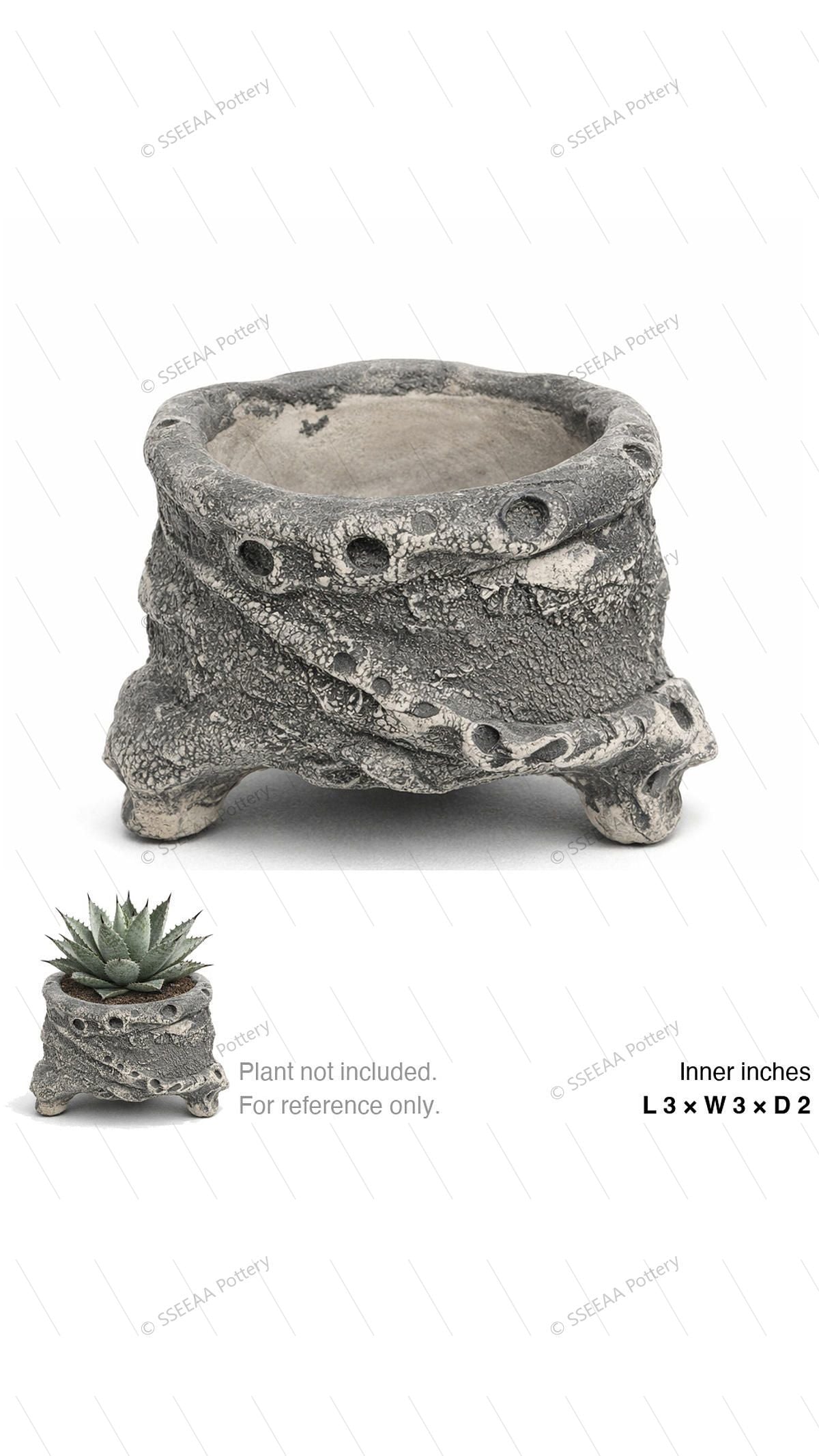 Weathered storm gray footed pot with wrapped rim and rugged texture shown on a white background