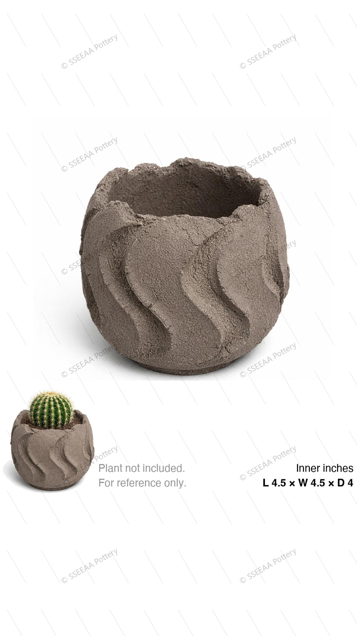 Ash-toned sculpted round pot with a rugged textured surface and uneven open rim