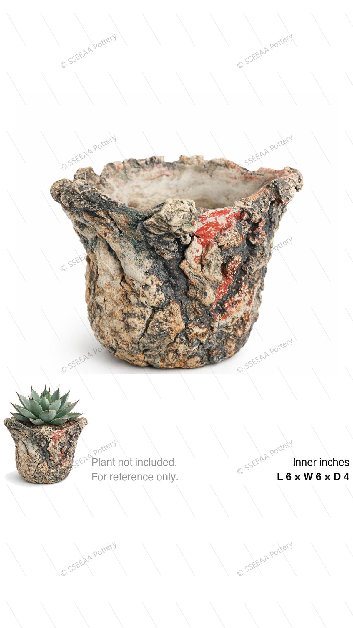 Weathered sculptural pot with bark-like texture and irregular organic rim