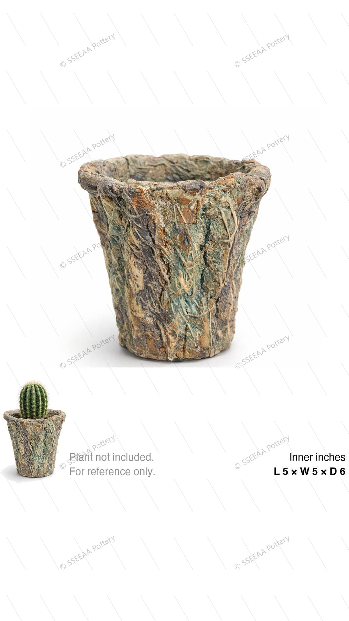 Weathered moss-green textured pot with a tapered form and broad rim