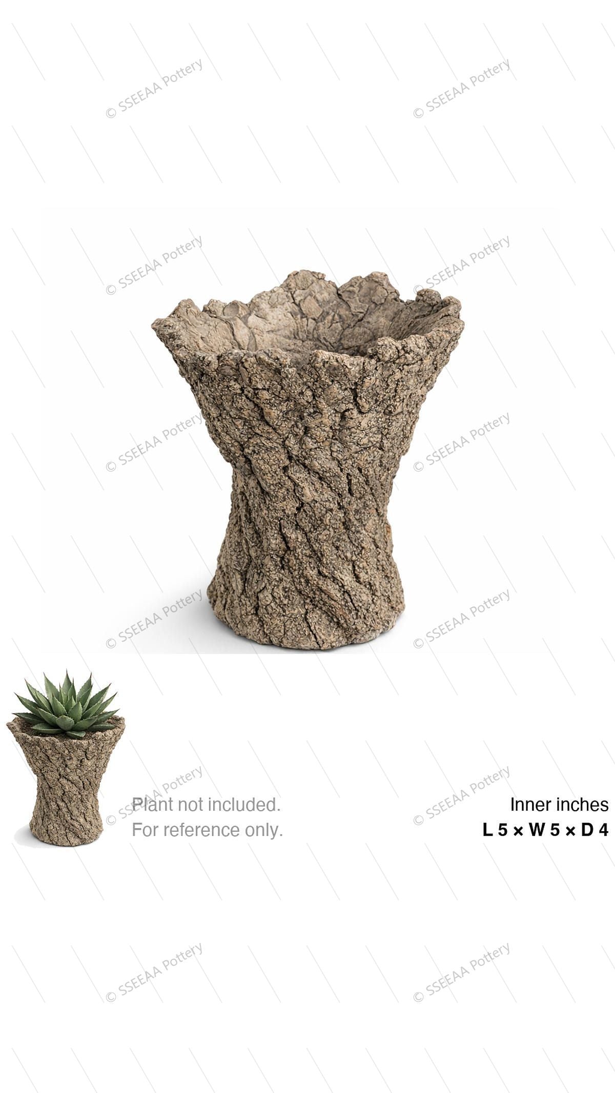 Rugged bark-textured pot with an hourglass profile and open ruffled rim.