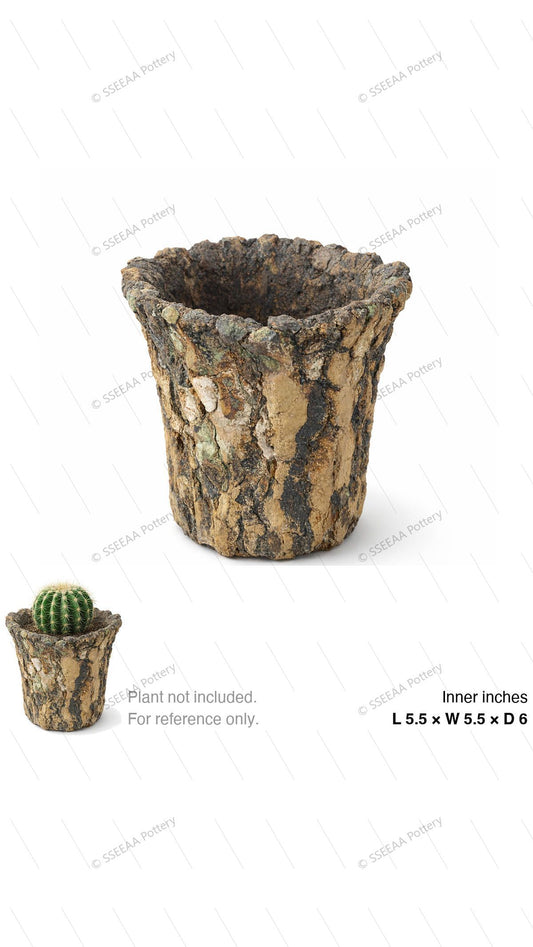 Rugged bark-look tapered pot with flared rim and textured surface