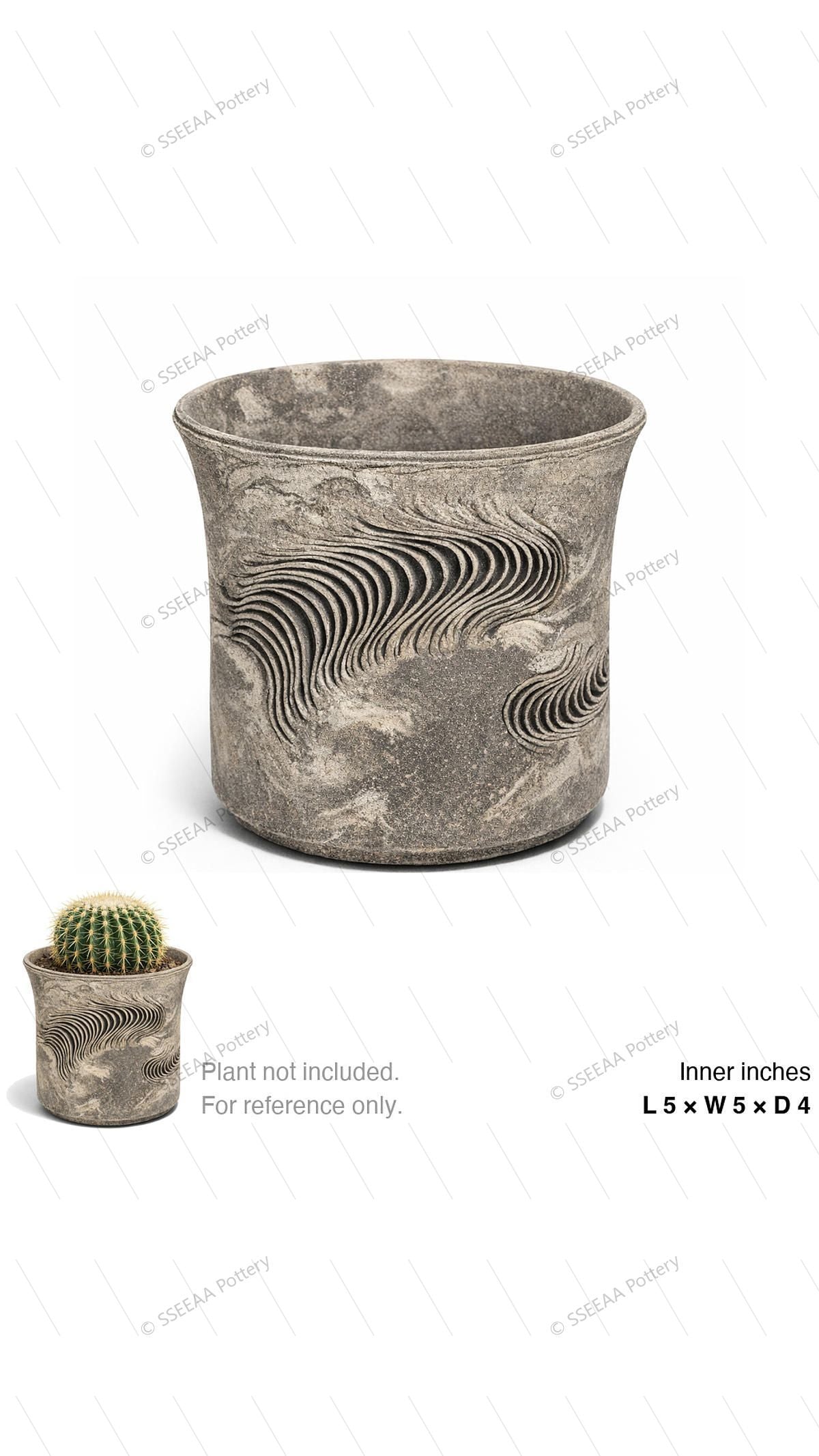 Weathered ash-gray ceramic-style pot with carved wave relief and flared rim.