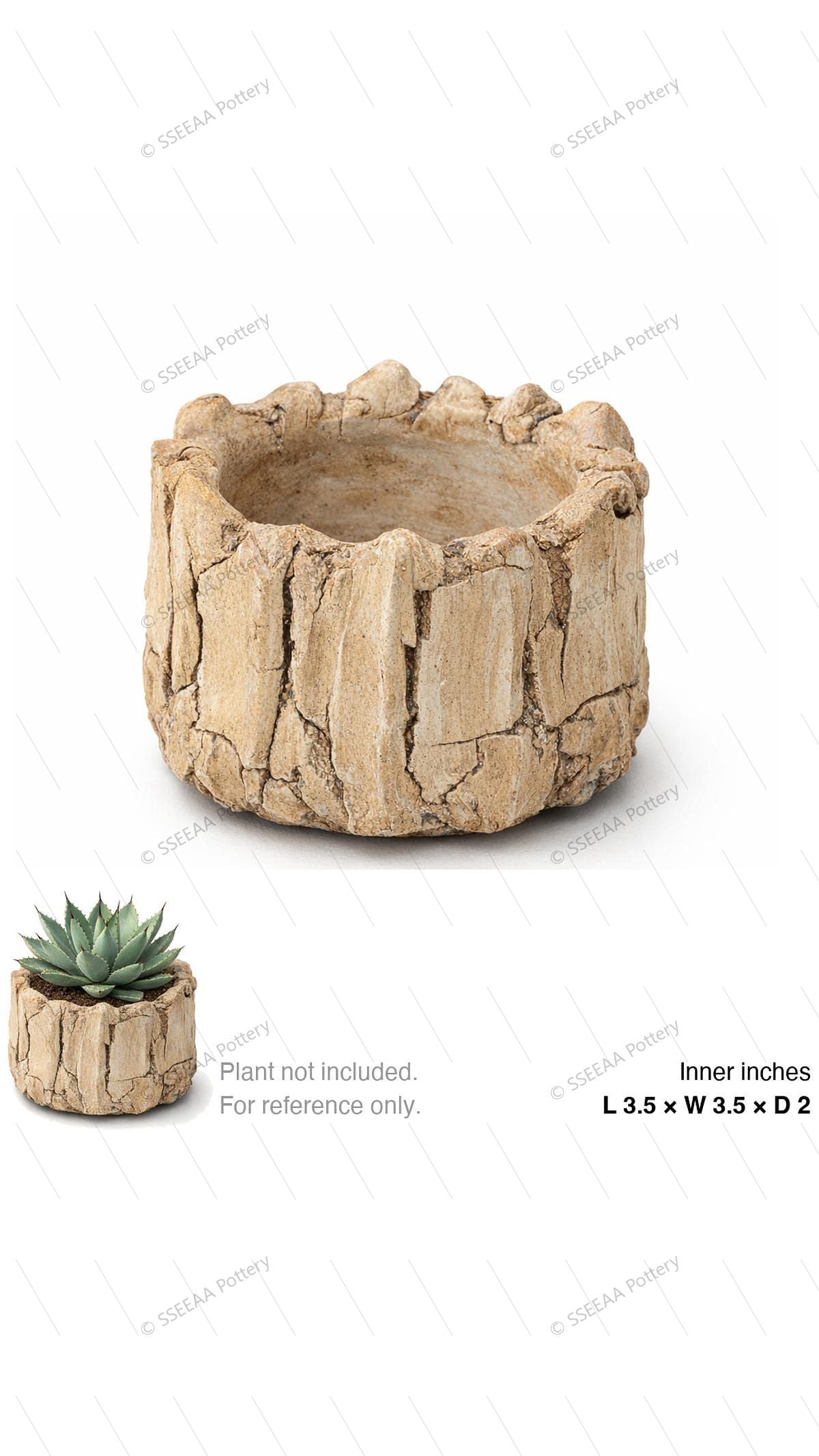 Craggy sand-colored tabletop pot with bark-like texture and irregular rim